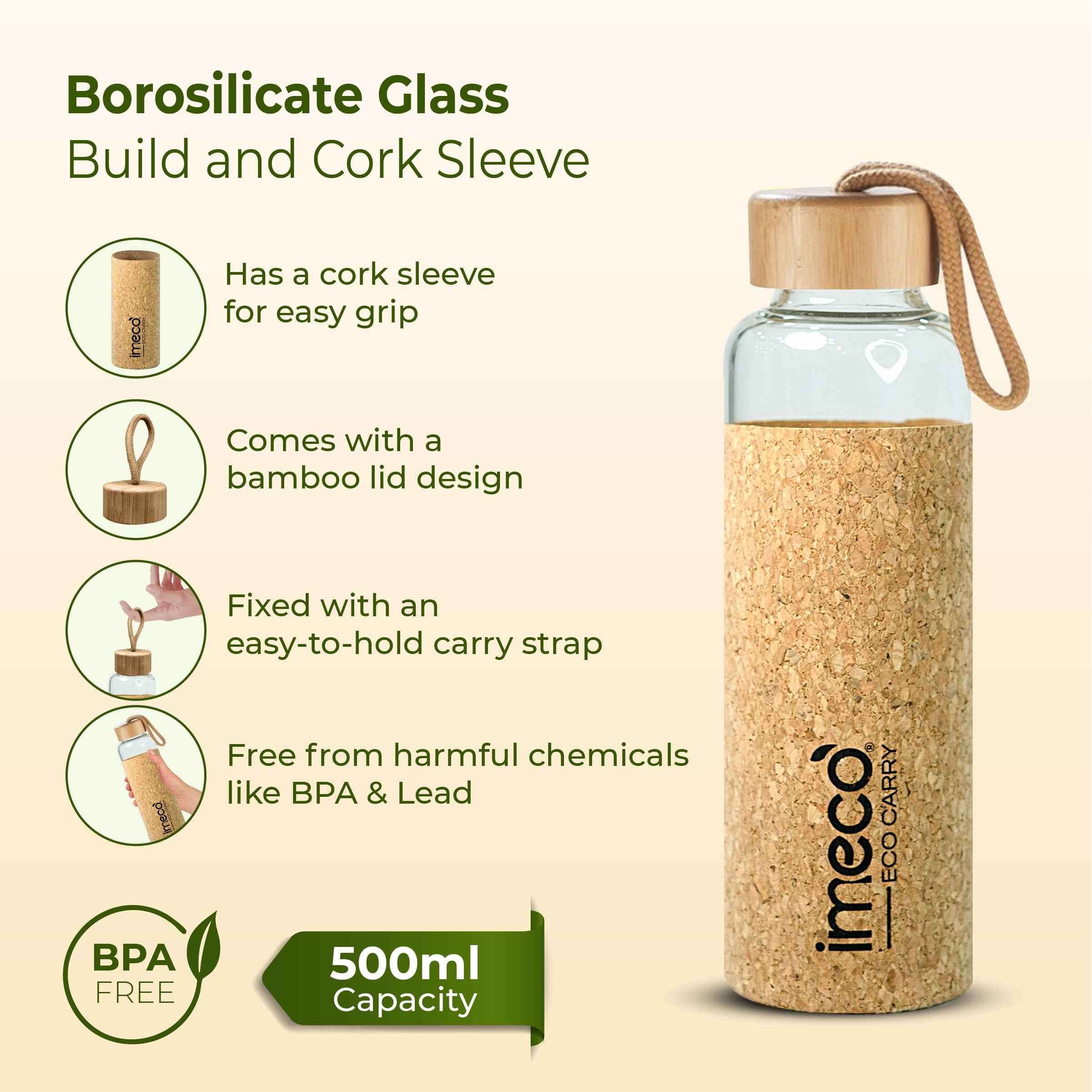 ECO CARRY Borosilicate Glass Water Bottle (500 ml)