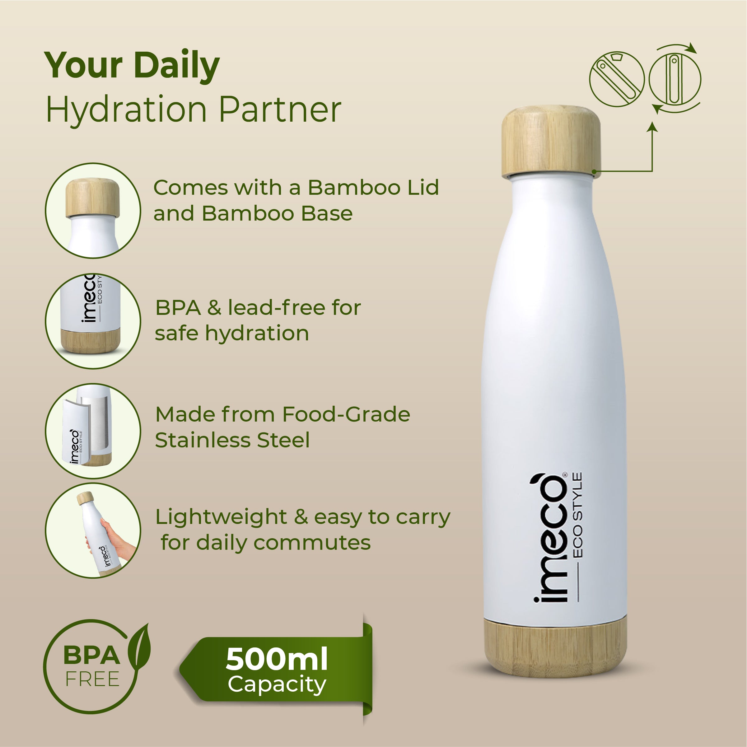 ECO STYLE Stainless Steel Water Bottle with Bamboo Base - Bamboo Lid (500 ml)