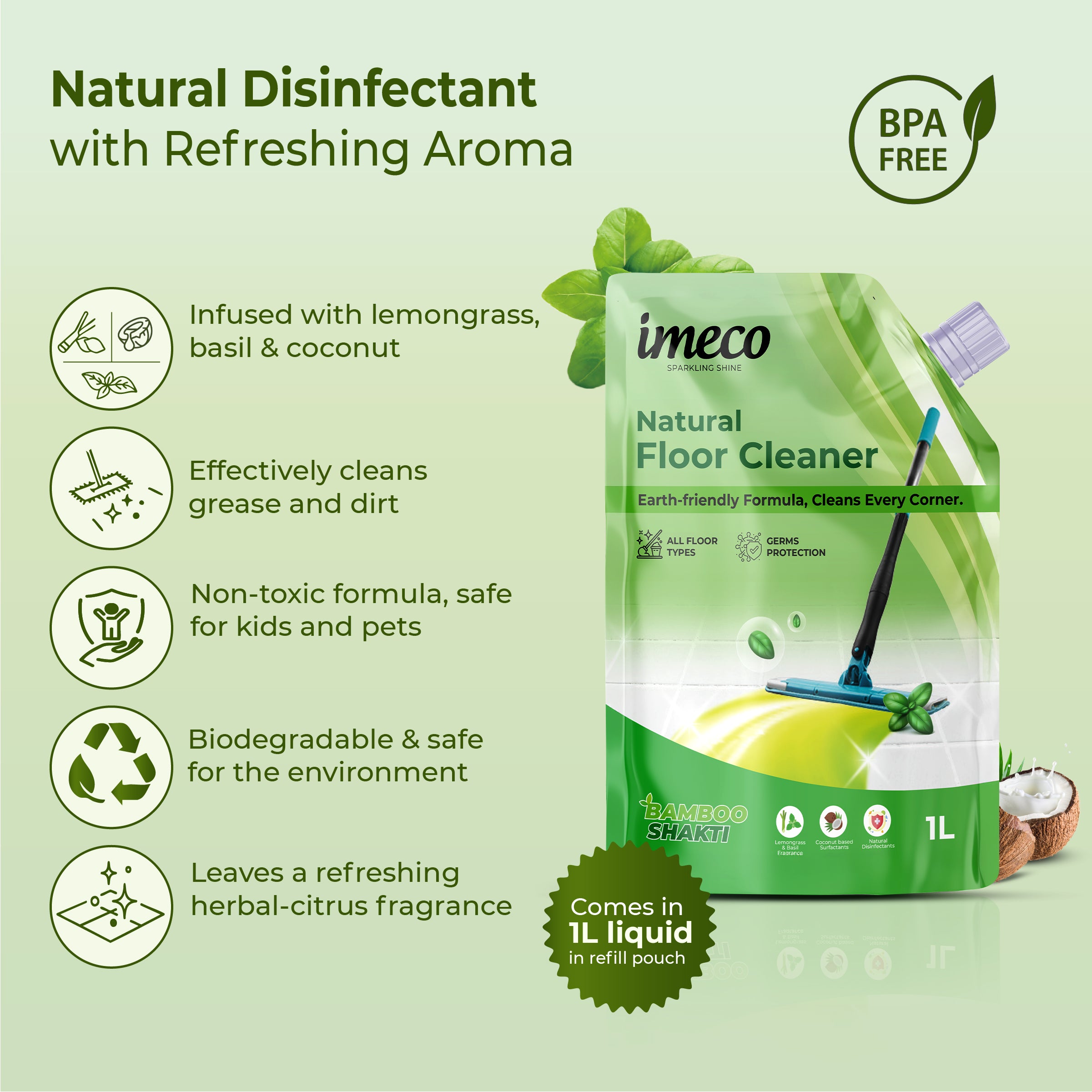 Natural Floor Cleaner – Lemongrass & Basil - 1 Litre, Pouch (Pack of 2) - Imeco India