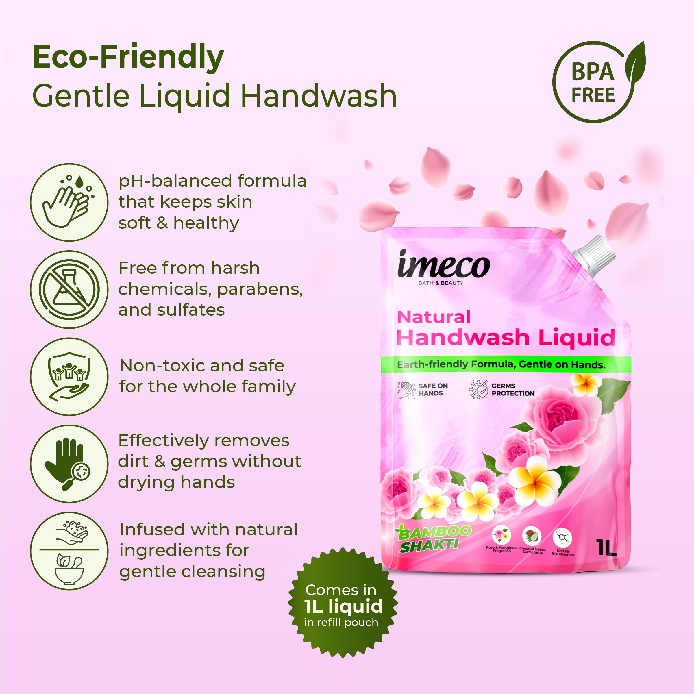 IMECO Natural Hand Wash – Kills 99% Germs (1 L, Pouch)