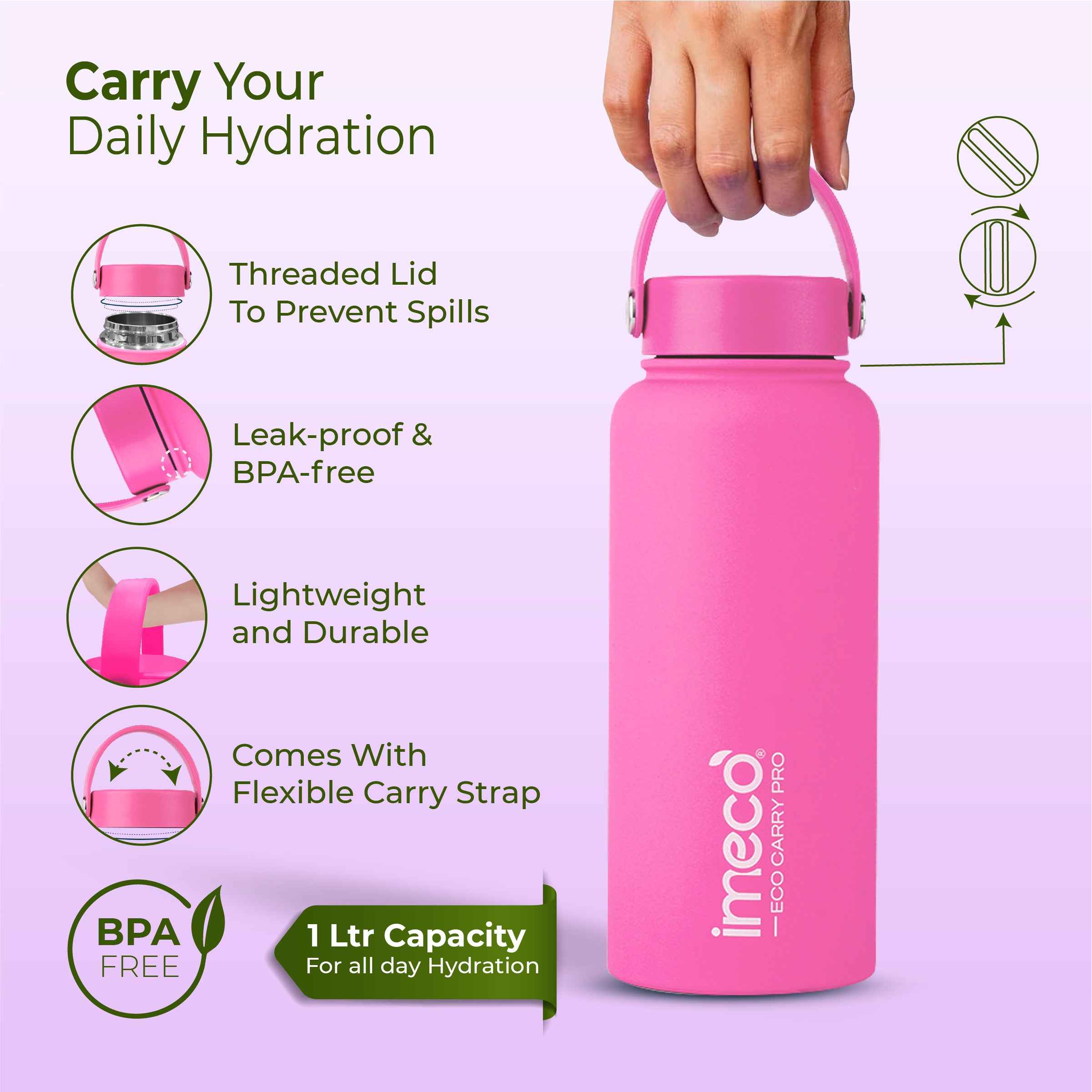 ECO CARRY PRO Stainless Steel Water Bottle (1 L) #color_pink