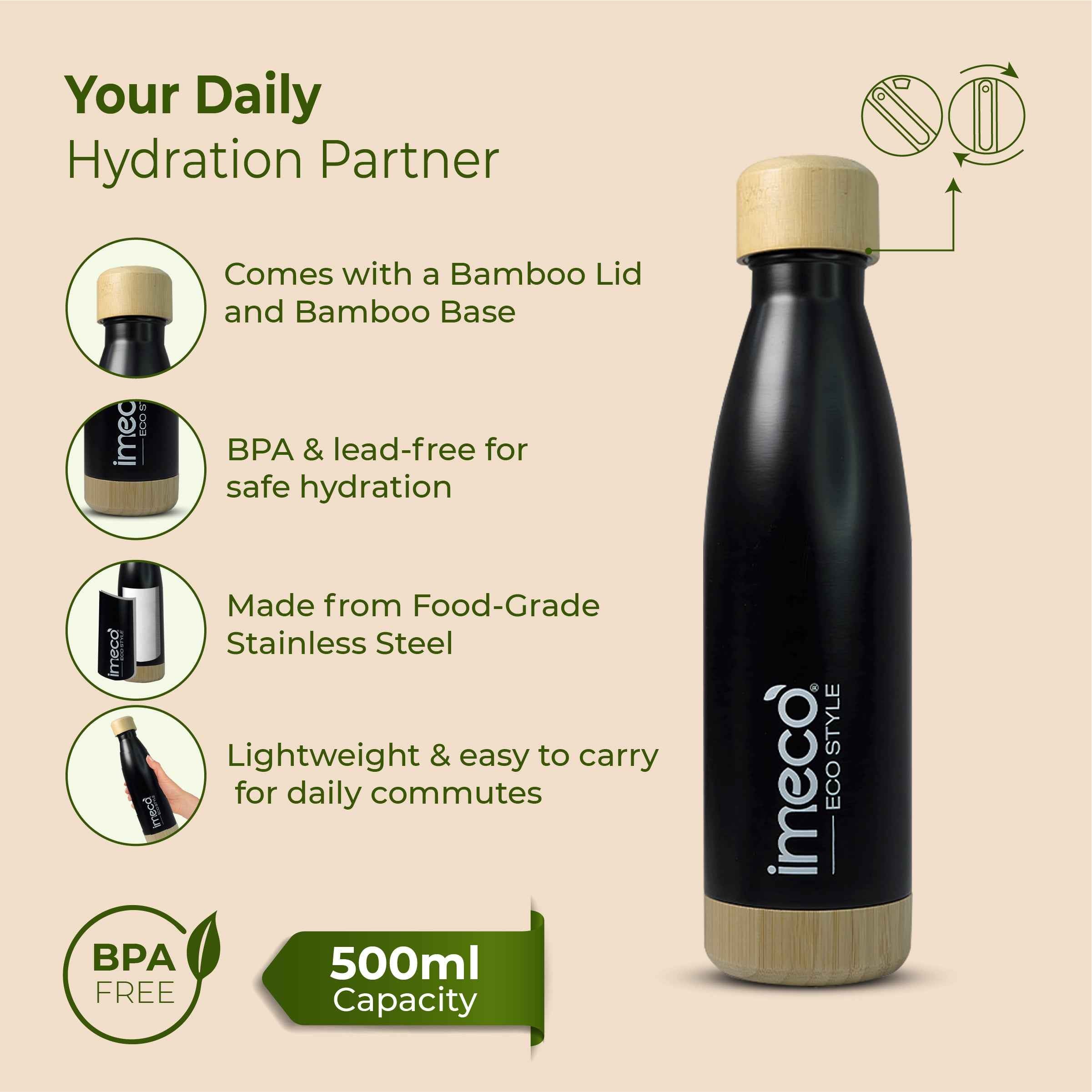 ECO STYLE Stainless Steel Water Bottle with Bamboo Base - Bamboo Lid (500 ml) #color_black