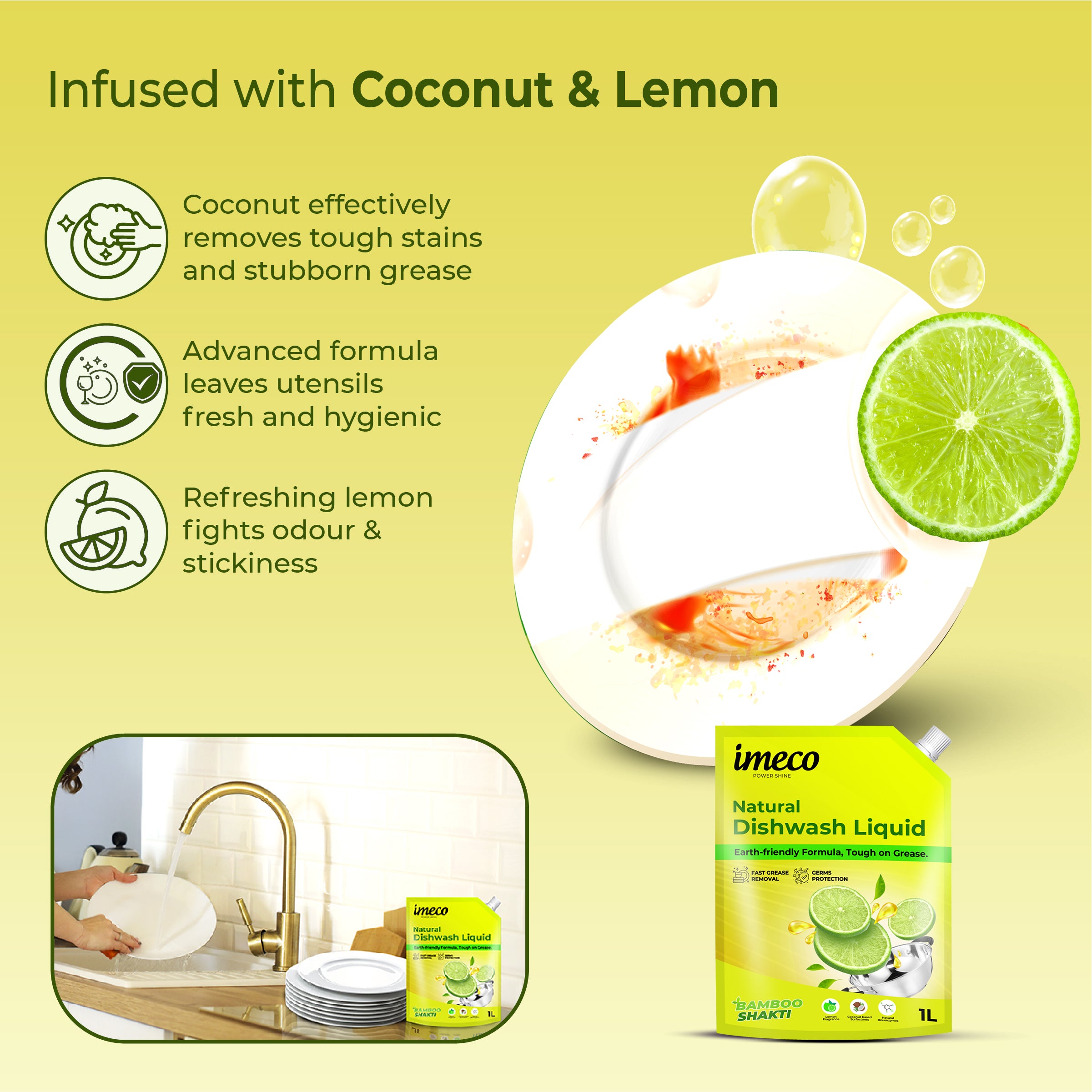 Natural Dishwash Liquid – Coconut-Based, Lemon Fresh - 1 Litre Pouch (Pack of 2) - Imeco India