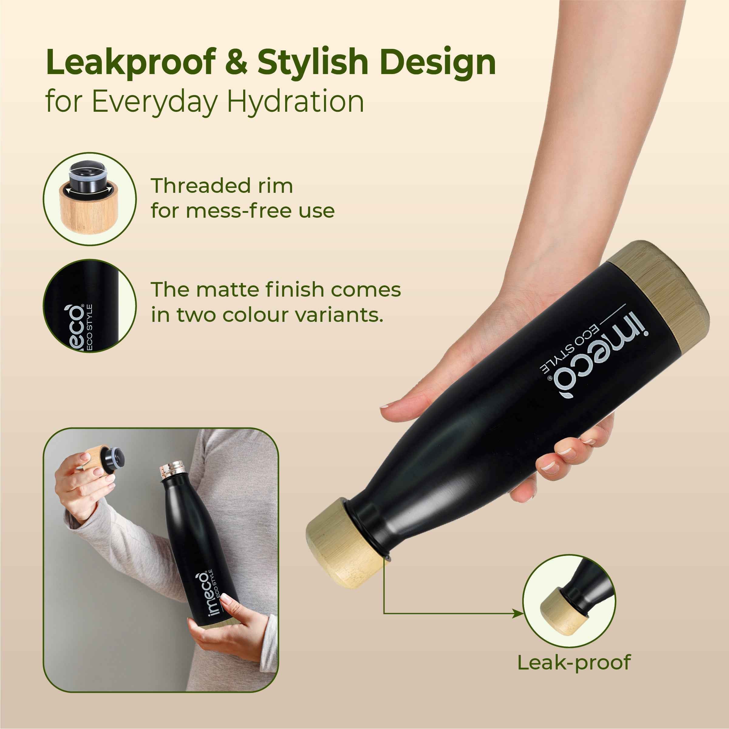 ECO STYLE Stainless Steel Water Bottle with Bamboo Base - Bamboo Lid (500 ml) #color_black