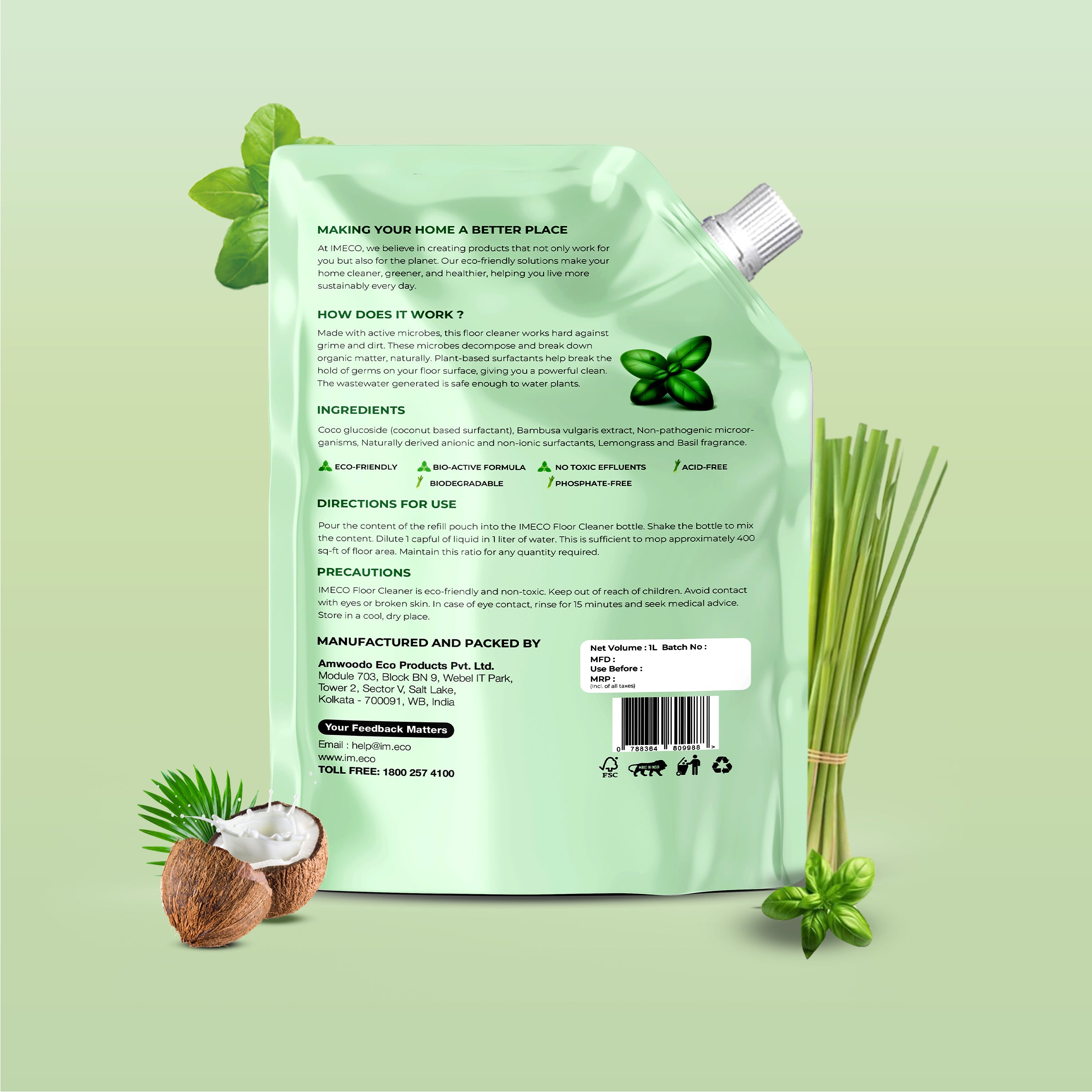 Natural Floor Cleaner – Lemongrass & Basil - 1 Litre, Pouch (Pack of 2) - Imeco India
