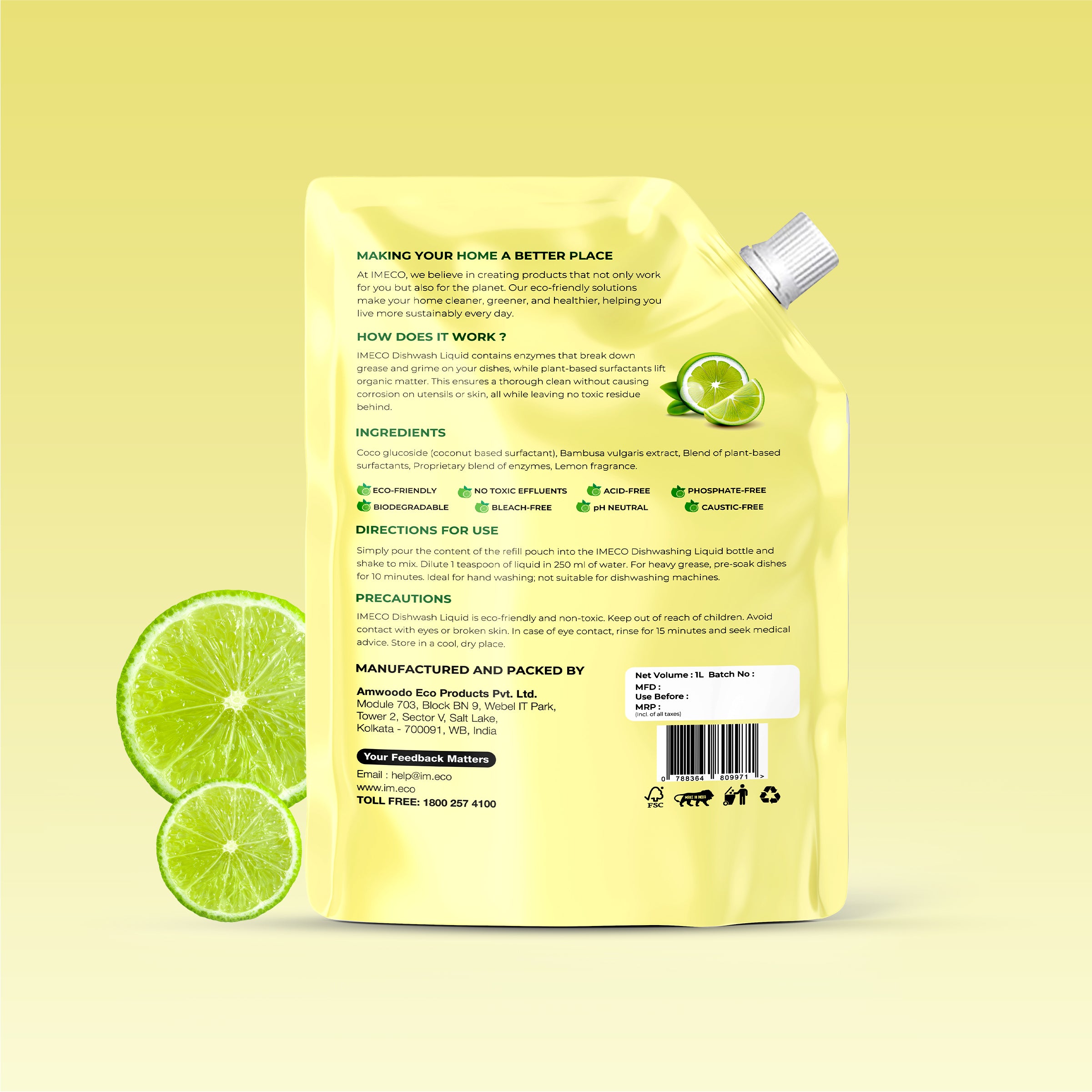Natural Dishwash Liquid – Coconut-Based, Lemon Fresh - 1 Litre Pouch (Pack of 2) - Imeco India