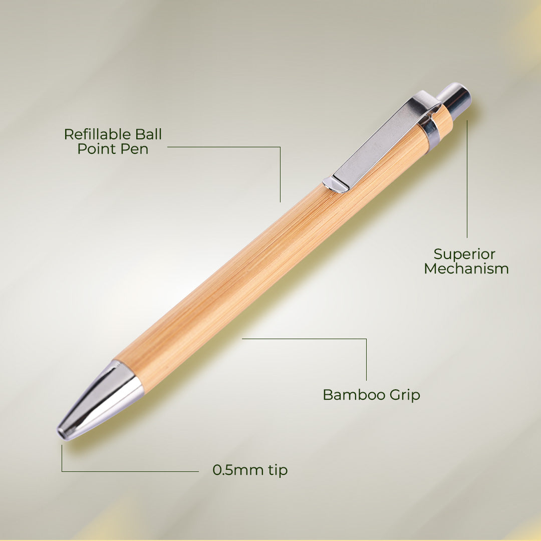 imeco bamboo pen with features mentioned against a white background