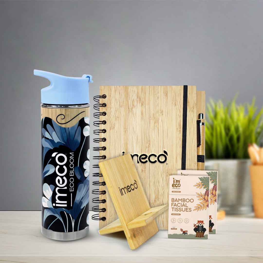 Bamboo Office Desk Essentials - ECO BLOOM Bamboo Water Bottle with Mobile Stand, Bamboo Diary with Pen and Pocket Tissue (2 Pack)
