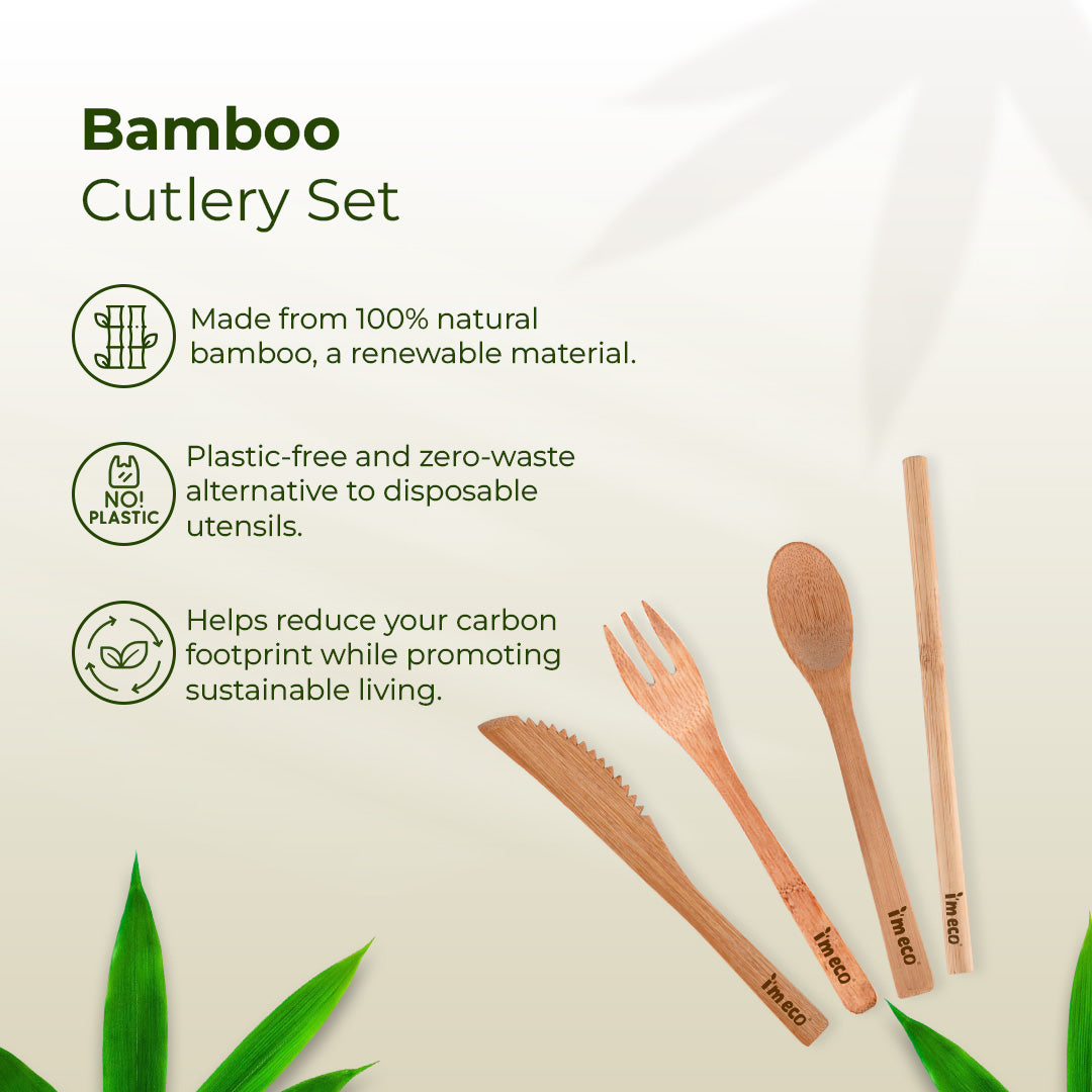 Bamboo Cutlery Set – Knife, Spoon, Fork & Straw