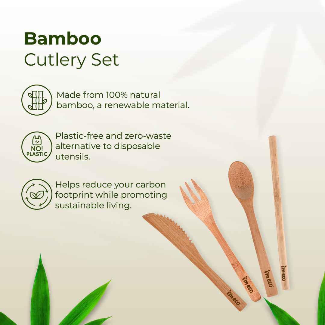 Bamboo Cutlery Set – Knife, Spoon, Fork & Straw