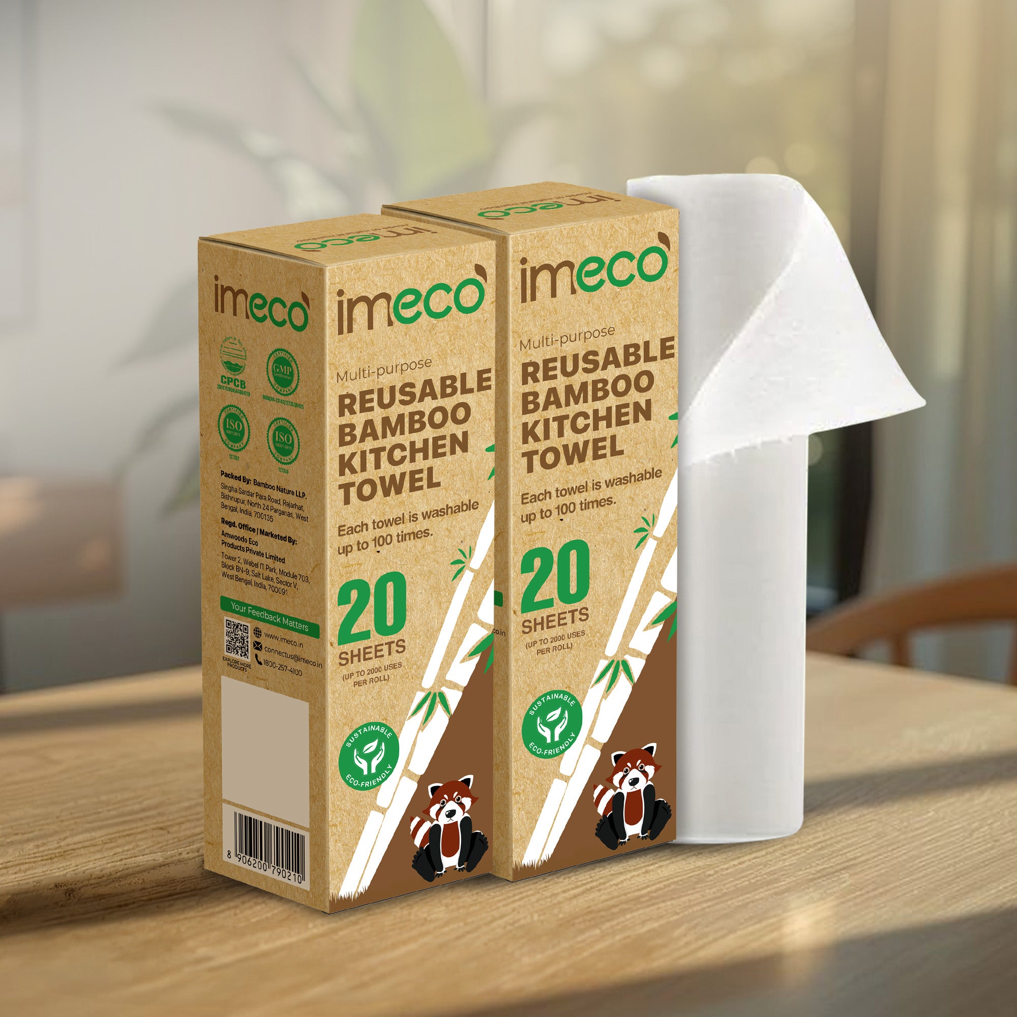 Ultra-Soft & Reusable Bamboo Kitchen Towel Roll (20 Sheets, Pack of 2)