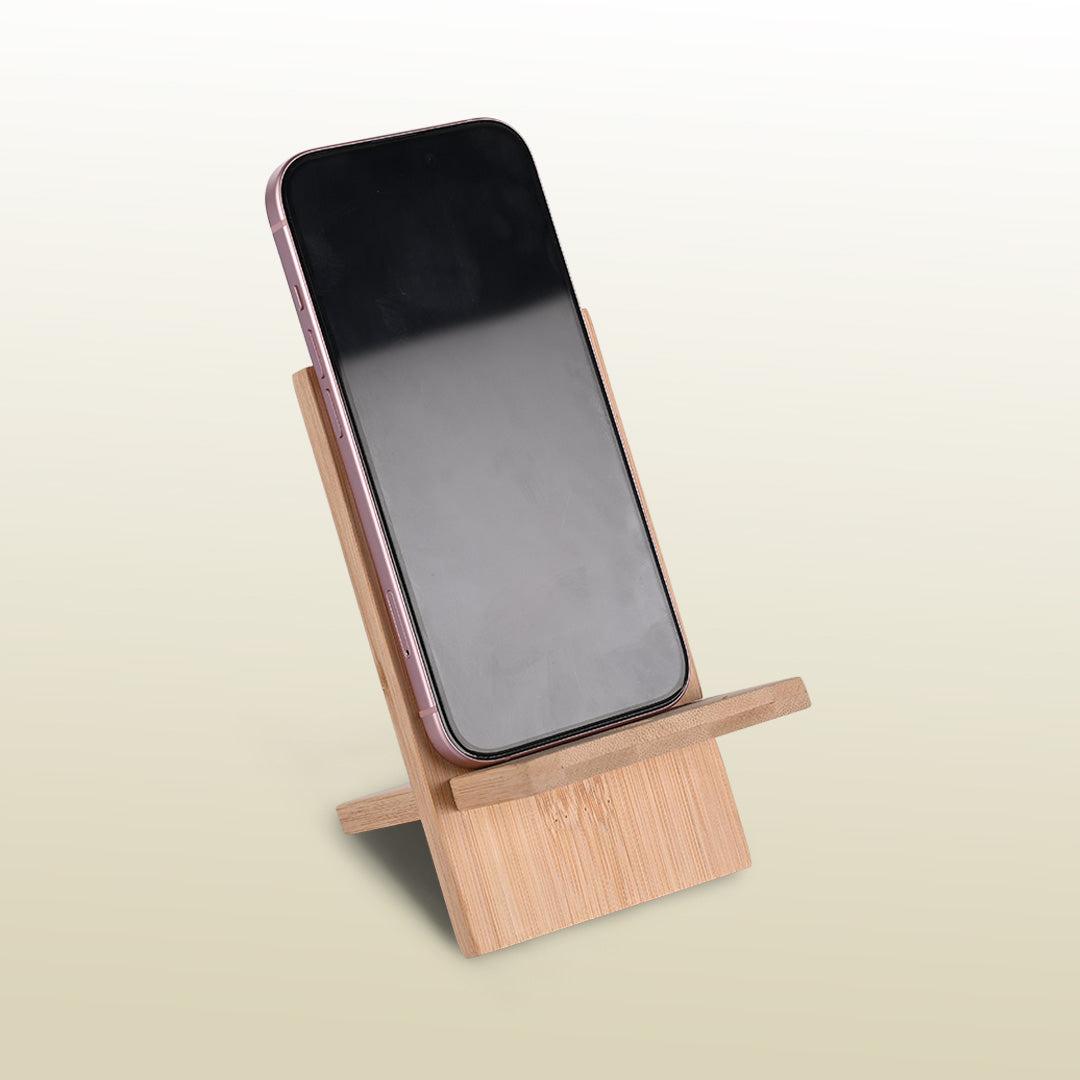phone on a imeco bamboo mobile stand against a beige background