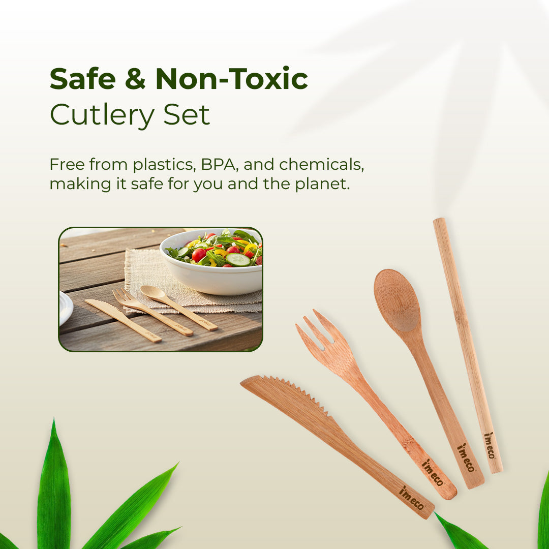 Bamboo Cutlery Set – Knife, Spoon, Fork & Straw