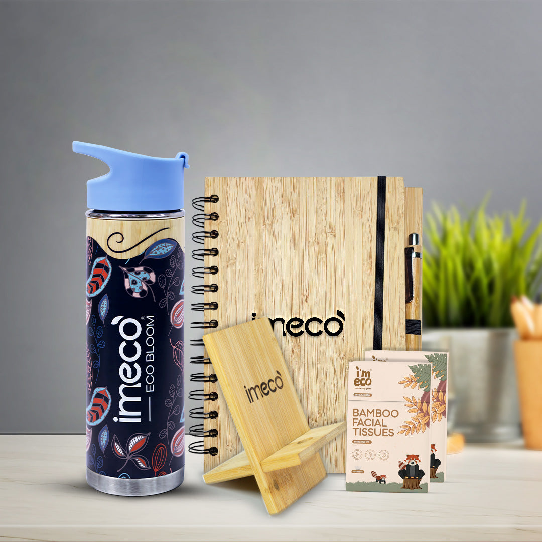 collection of imeco products including a water bottle, notebook, and facial tissues on a desk against a blurred background