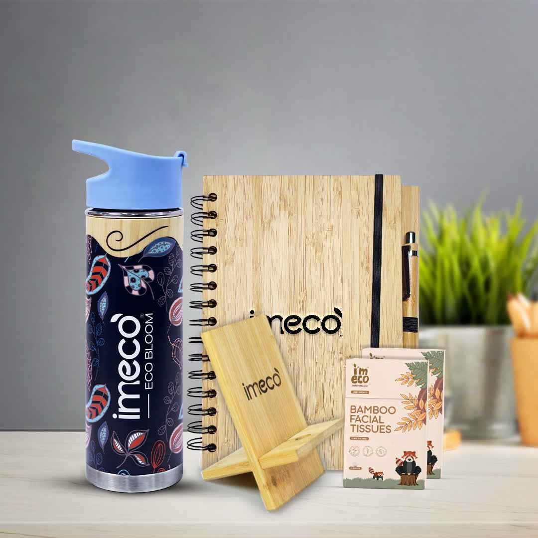 Bamboo Office Desk Essentials - ECO BLOOM Bamboo Water Bottle with Mobile Stand, Bamboo Diary with Pen and Pocket Tissue (2 Pack)
