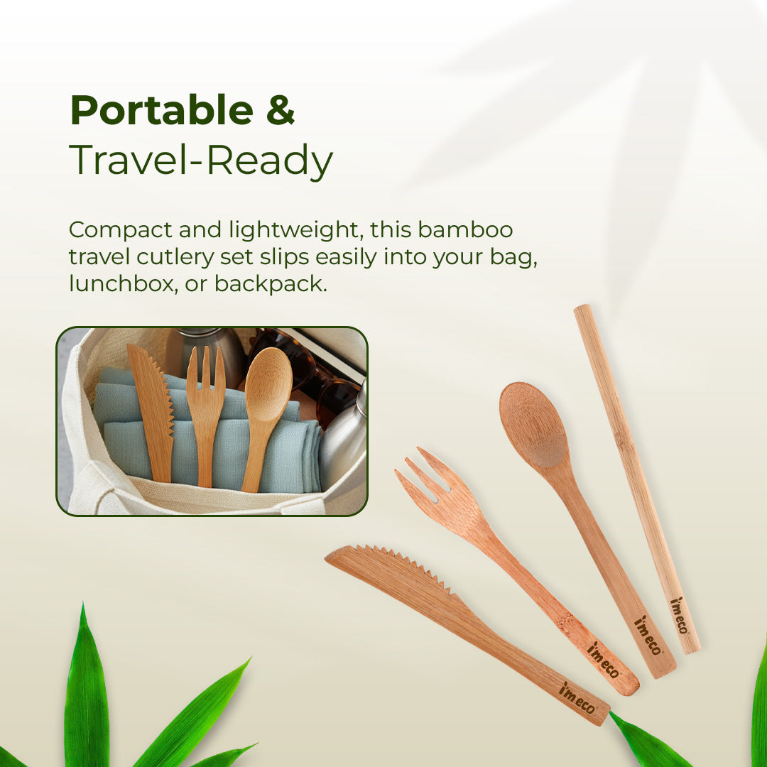 Bamboo Cutlery Set – Knife, Spoon, Fork & Straw