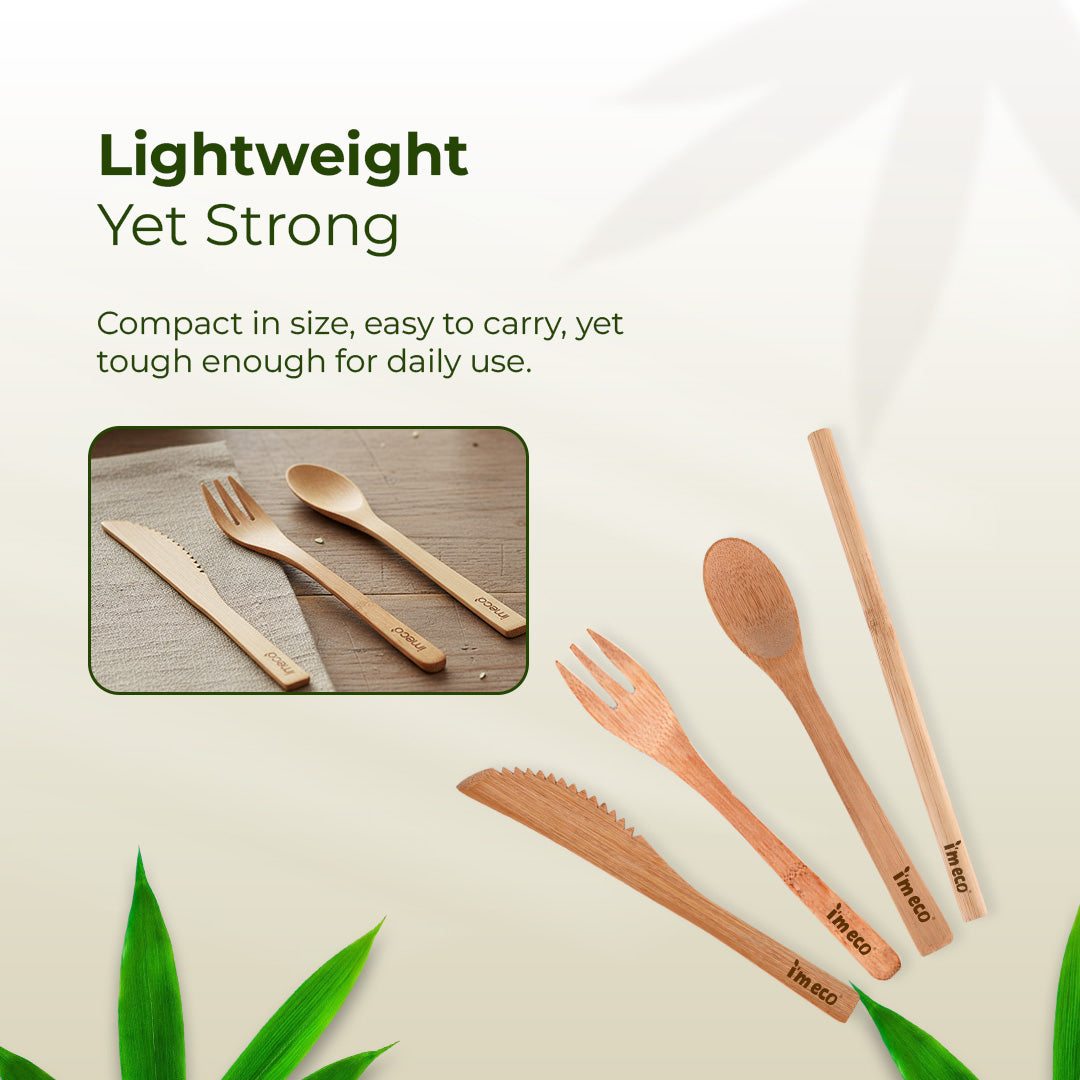 Bamboo Cutlery Set – Knife, Spoon, Fork & Straw