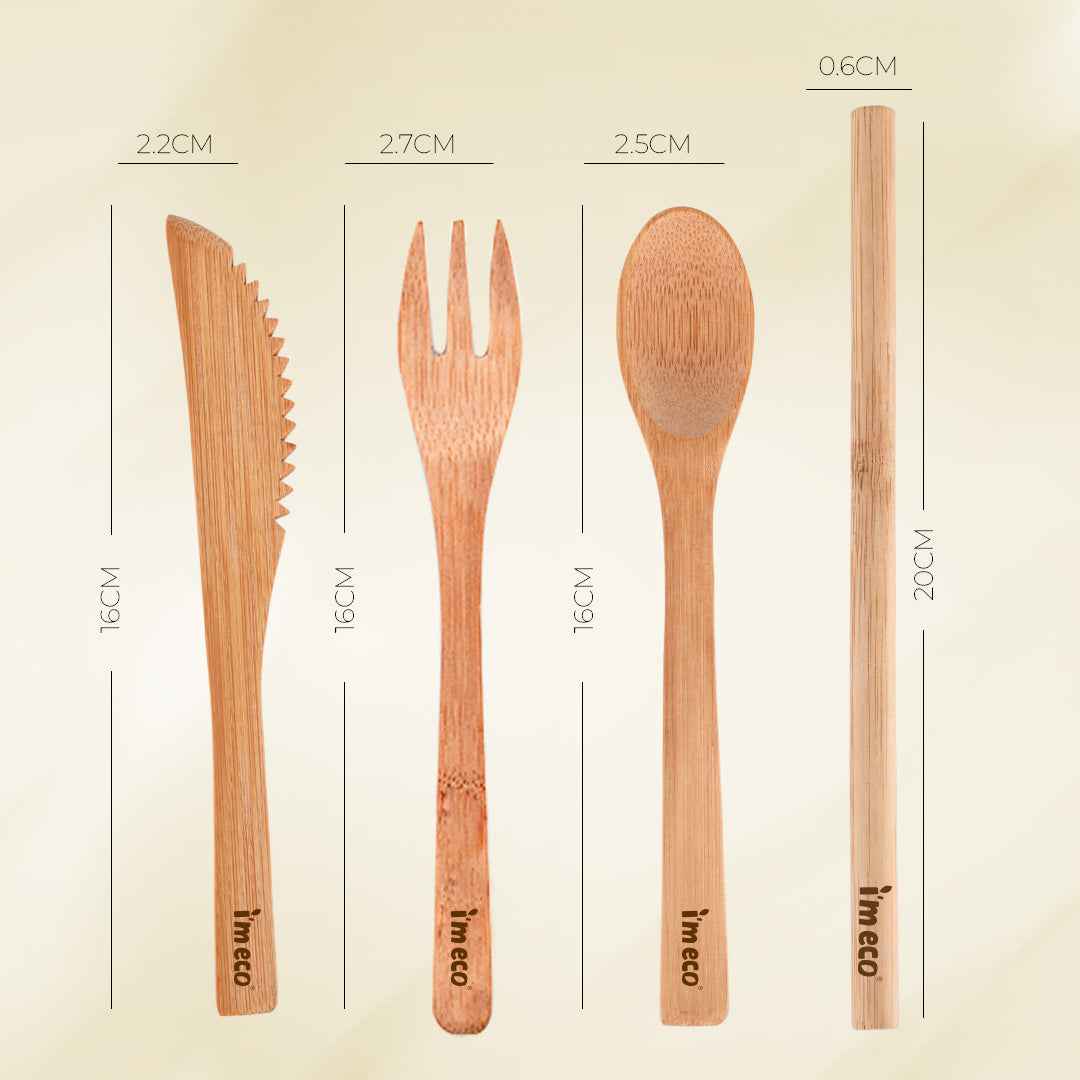 Bamboo Cutlery Set – Knife, Spoon, Fork & Straw