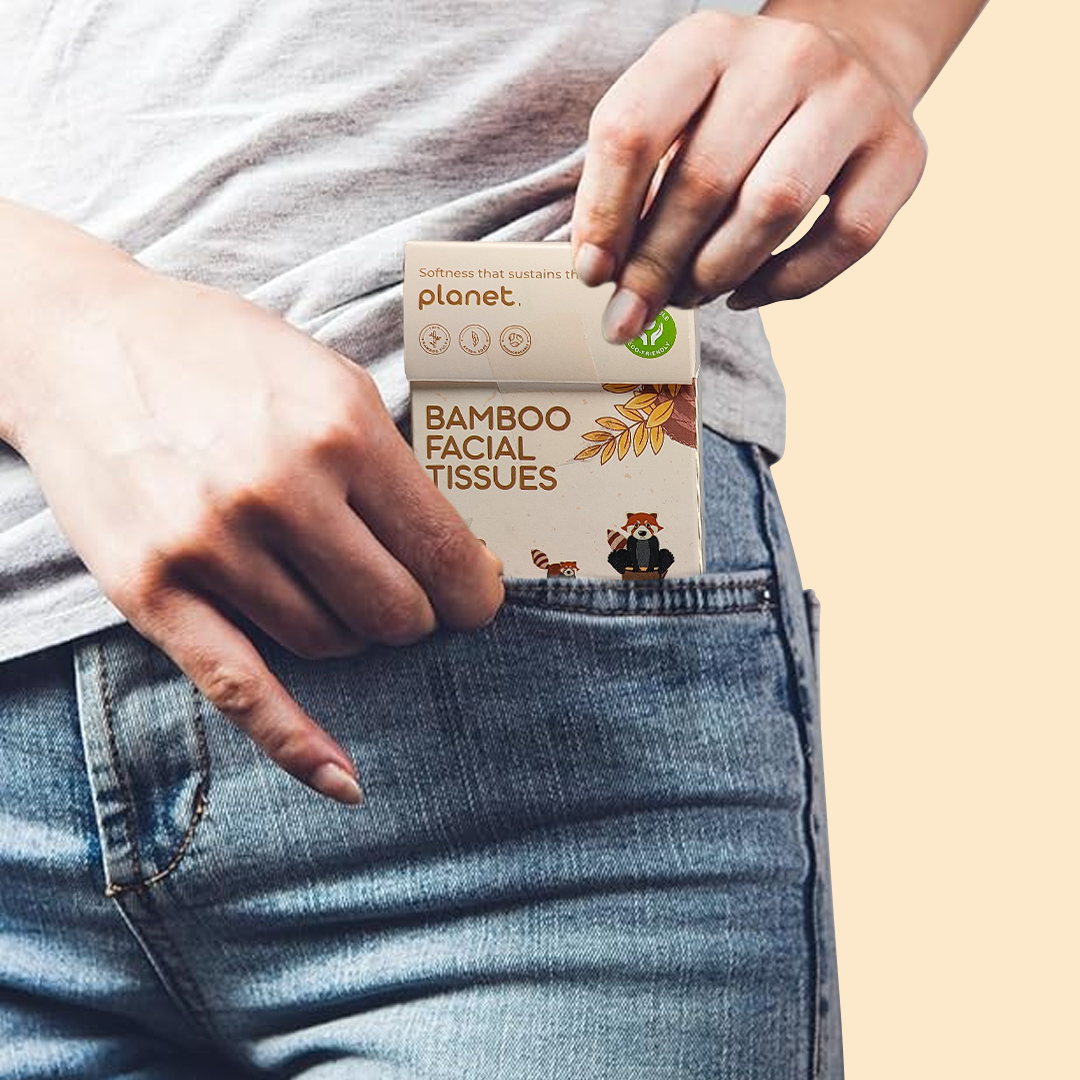 Person holding a box of bamboo facial tissues and putting inside pocket.