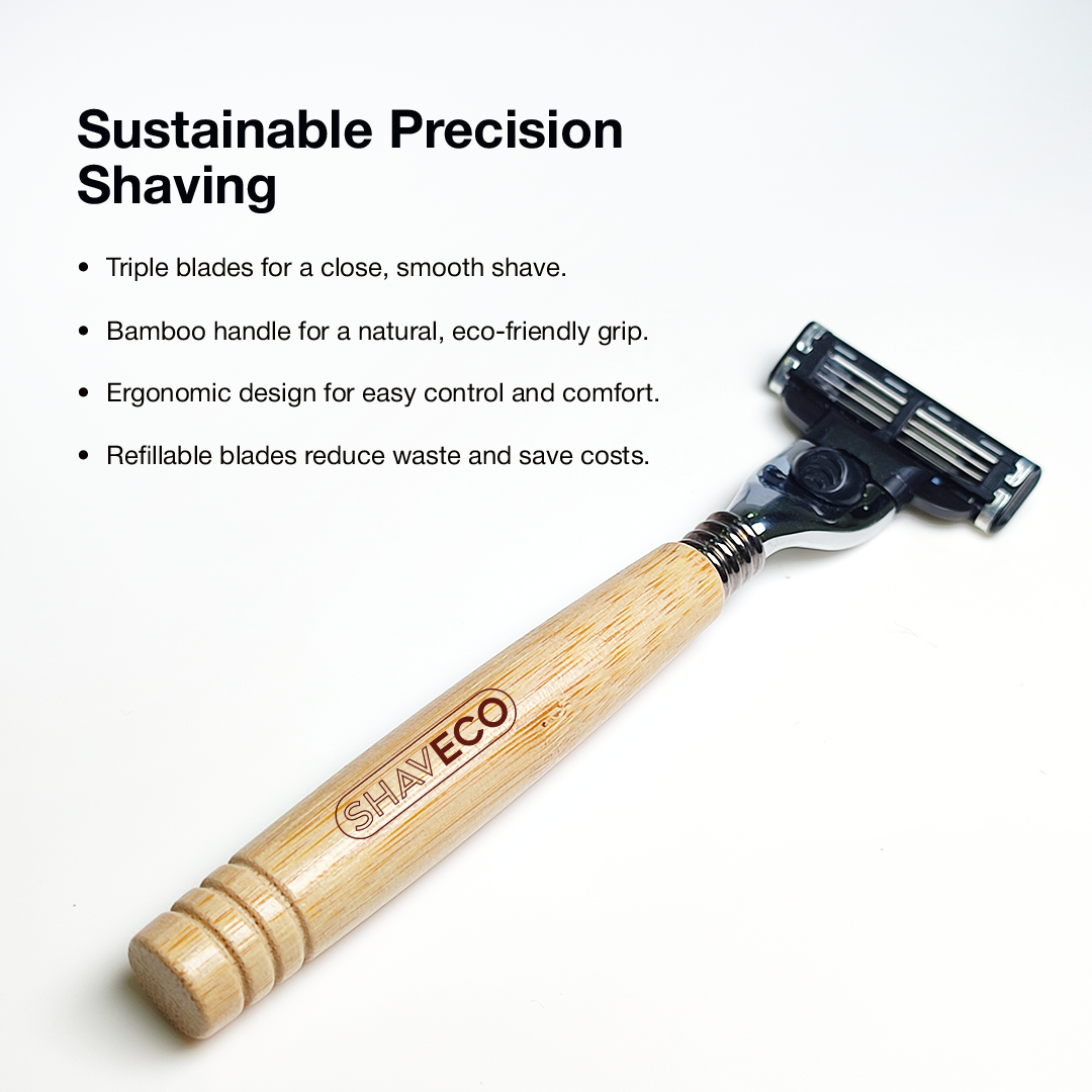 Features of Bamboo edge 3 razors b SHAVECO - triple blades, bamboo handle, ergonomic design, refillable blades
