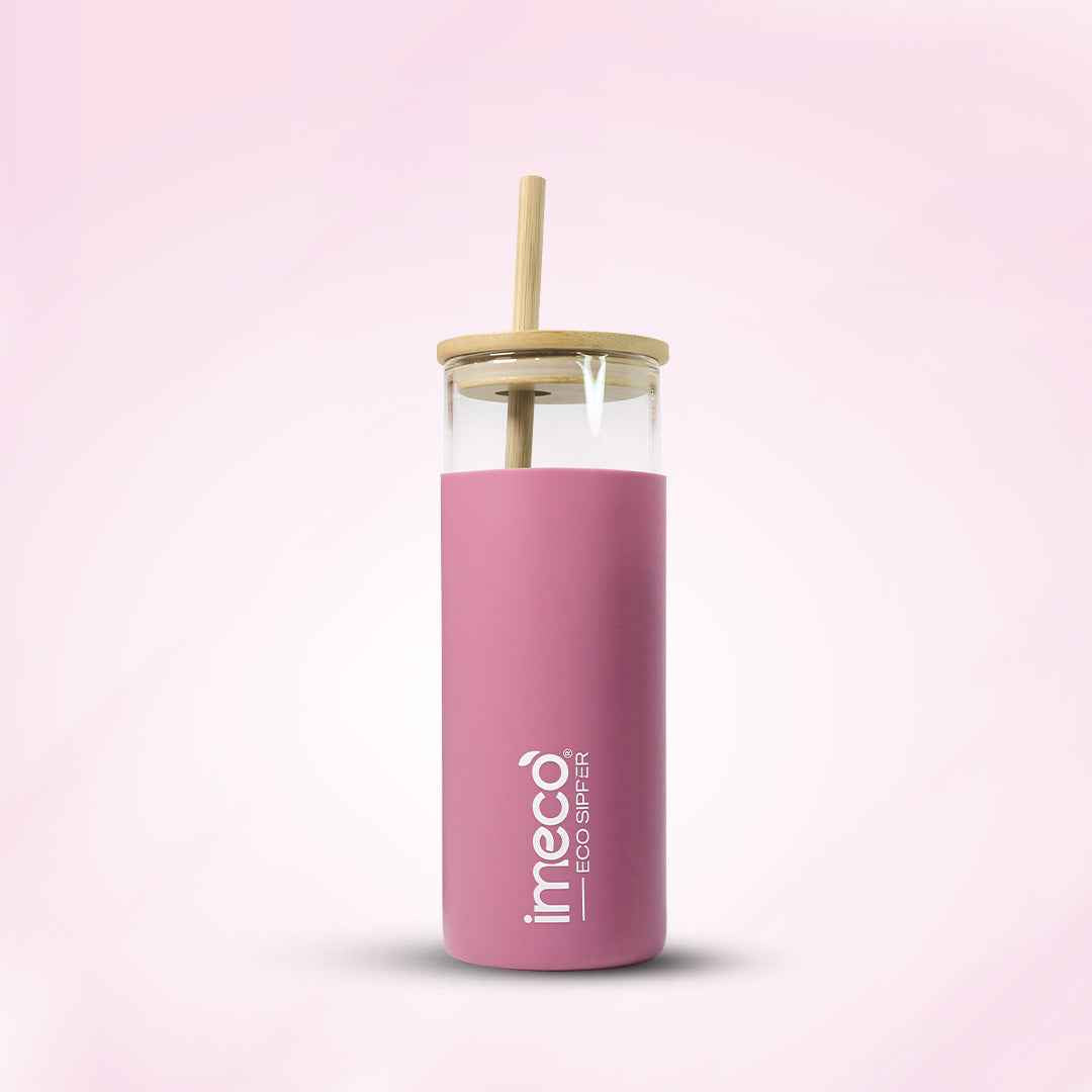 ECO-SIPPER Glass Sipper with Bamboo Straw - 450 ml (Pink) - Imeco India