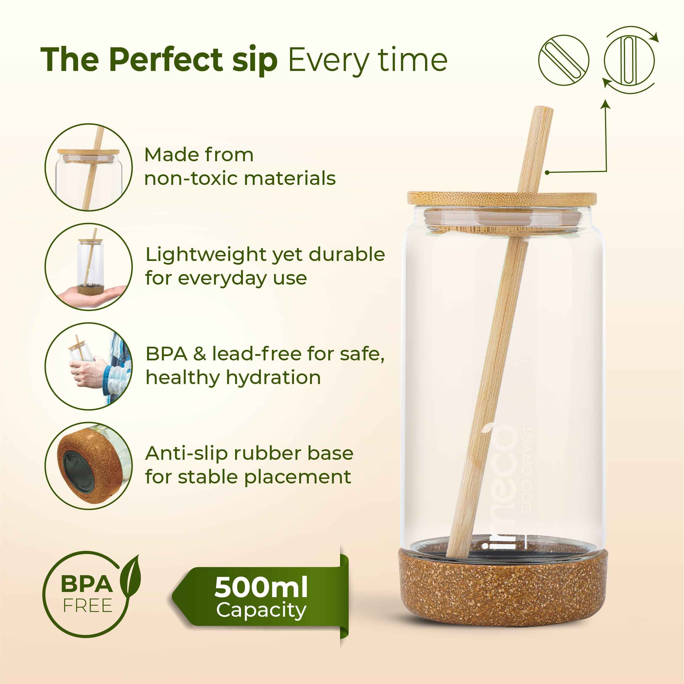 ECO CRYST Glass Sipper with Bamboo Lid & Straw (500 ml)