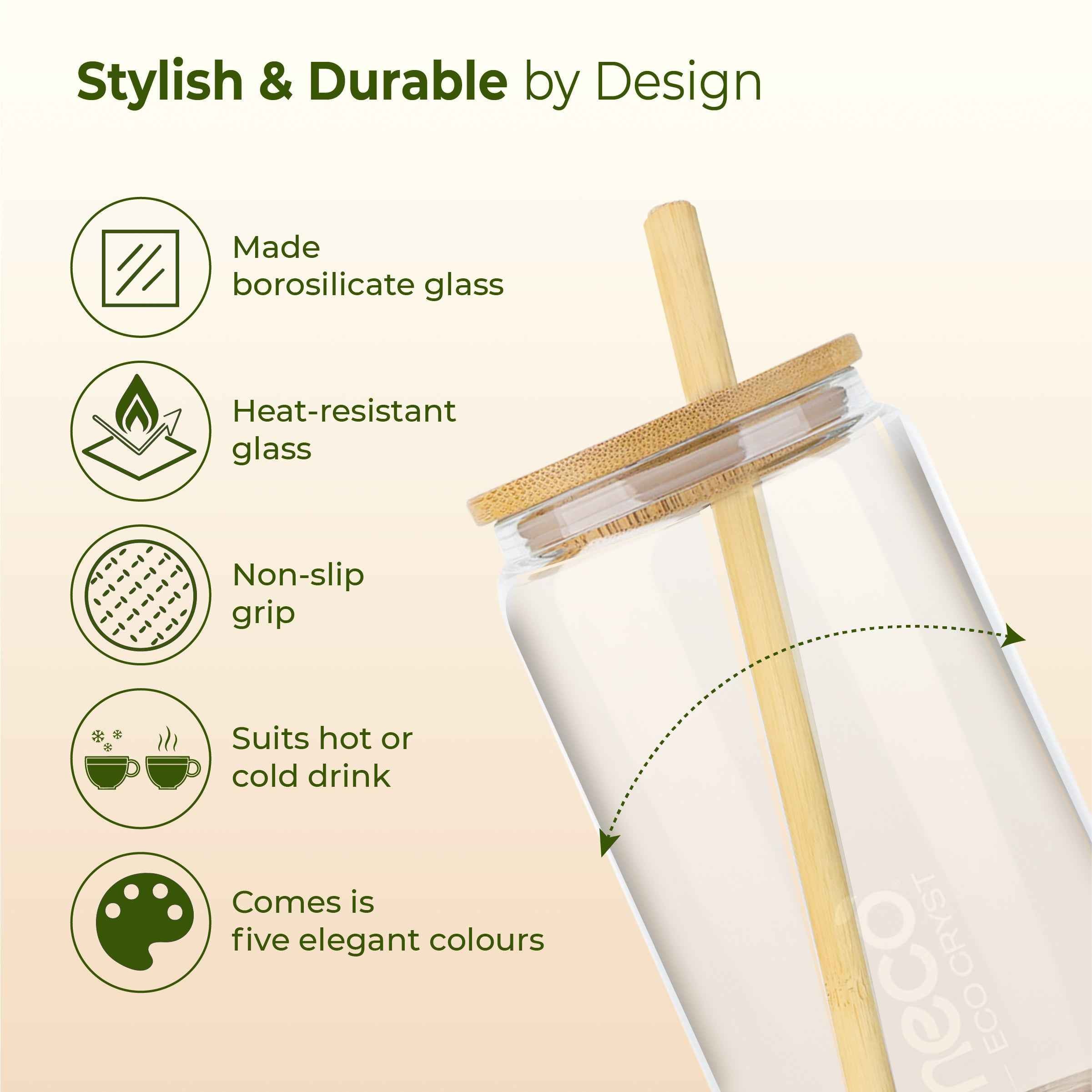 ECO CRYST Glass Sipper with Bamboo Lid & Straw (500 ml)