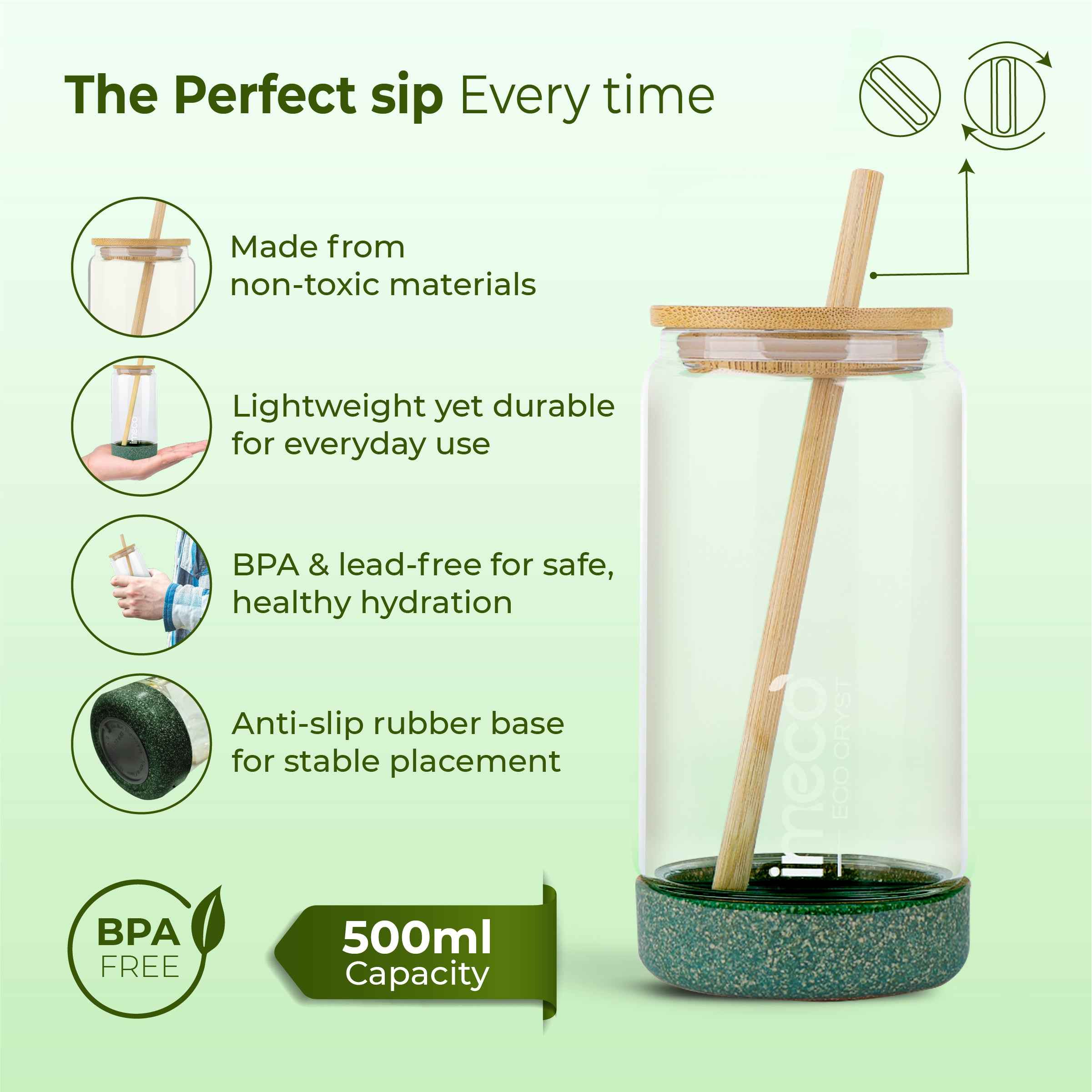 ECO CRYST Glass Sipper with Bamboo Lid & Straw (500 ml)