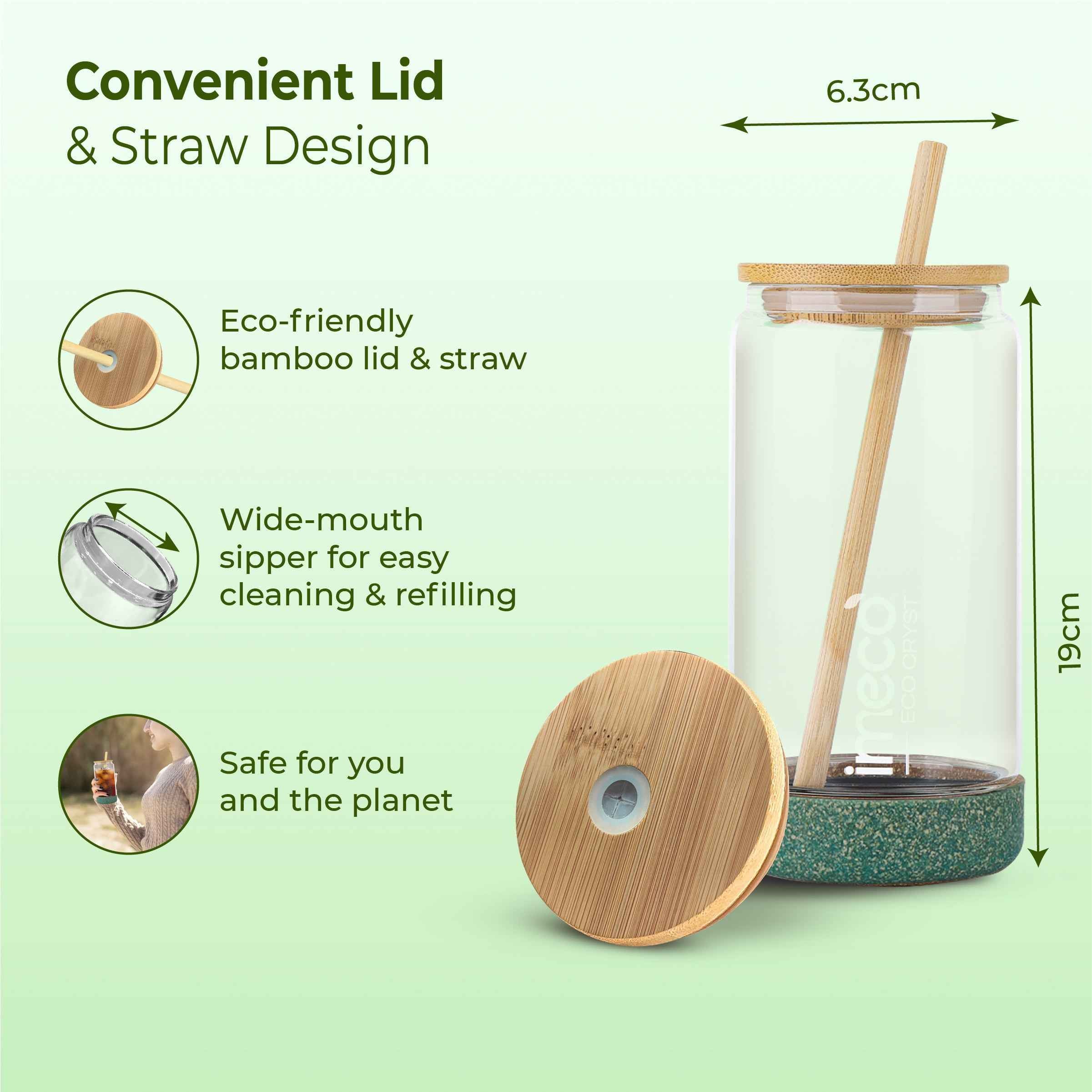 ECO CRYST Glass Sipper with Bamboo Lid & Straw (500 ml)