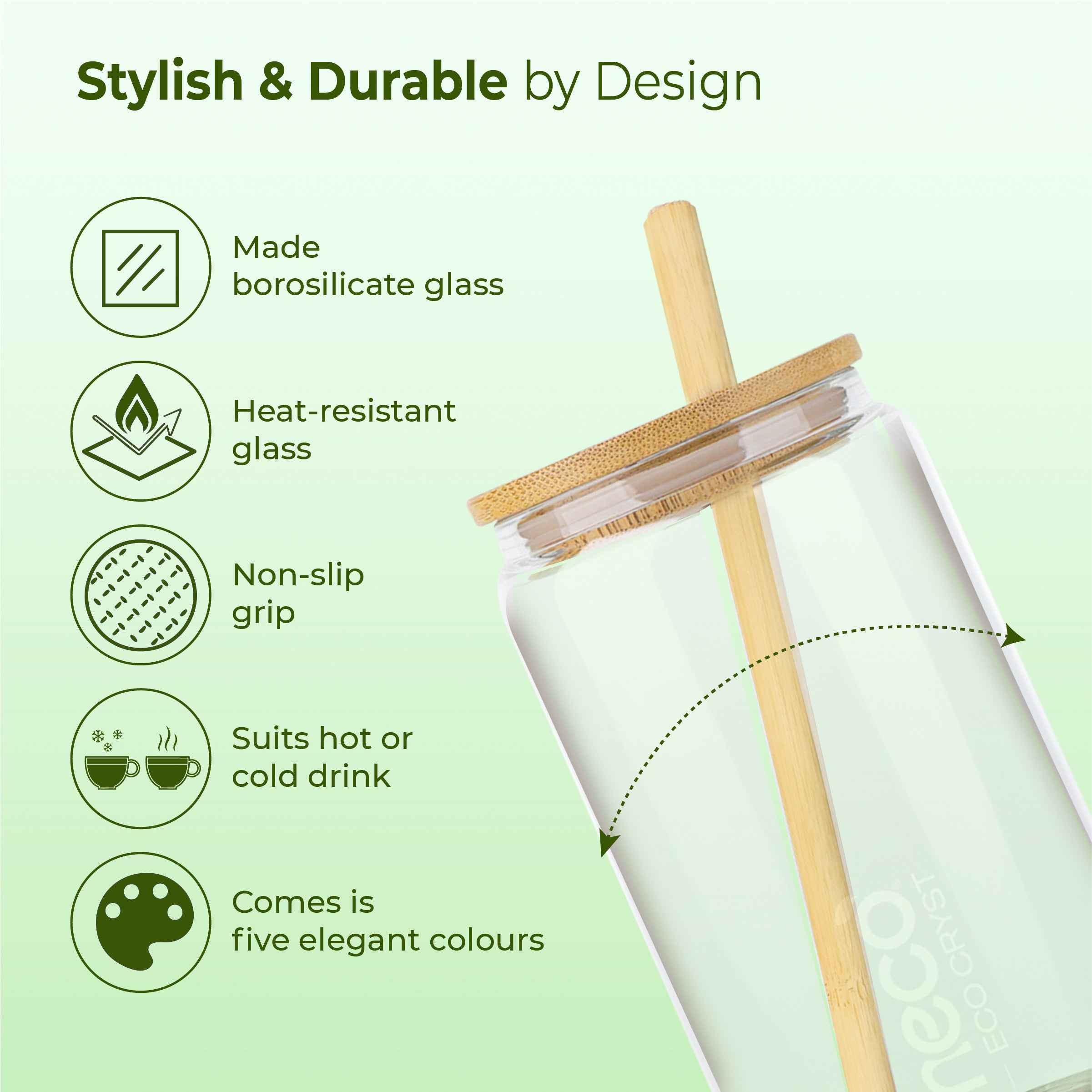 ECO CRYST Glass Sipper with Bamboo Lid & Straw (500 ml) #color_light-green
