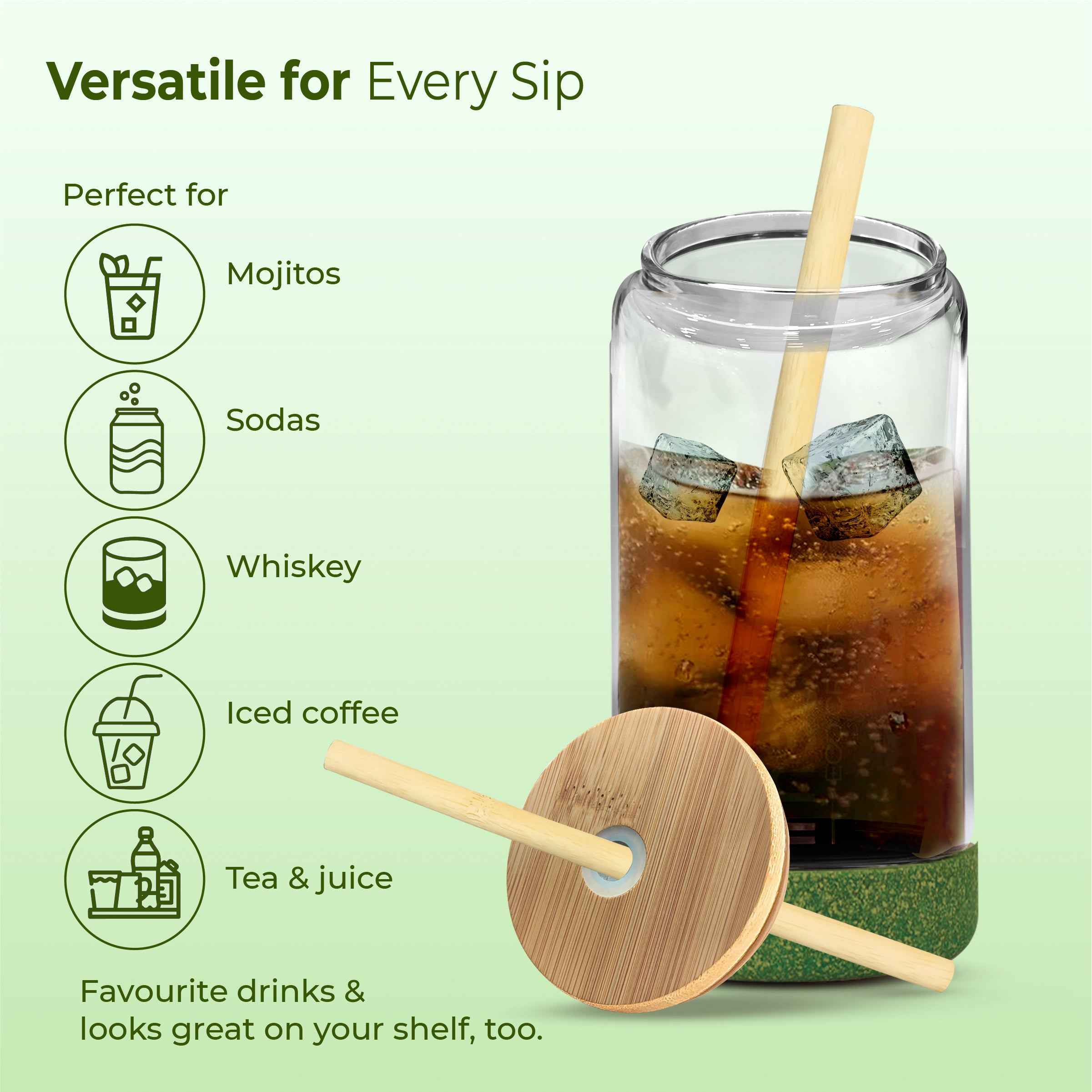 ECO CRYST Glass Sipper with Bamboo Lid & Straw (500 ml) #color_light-green