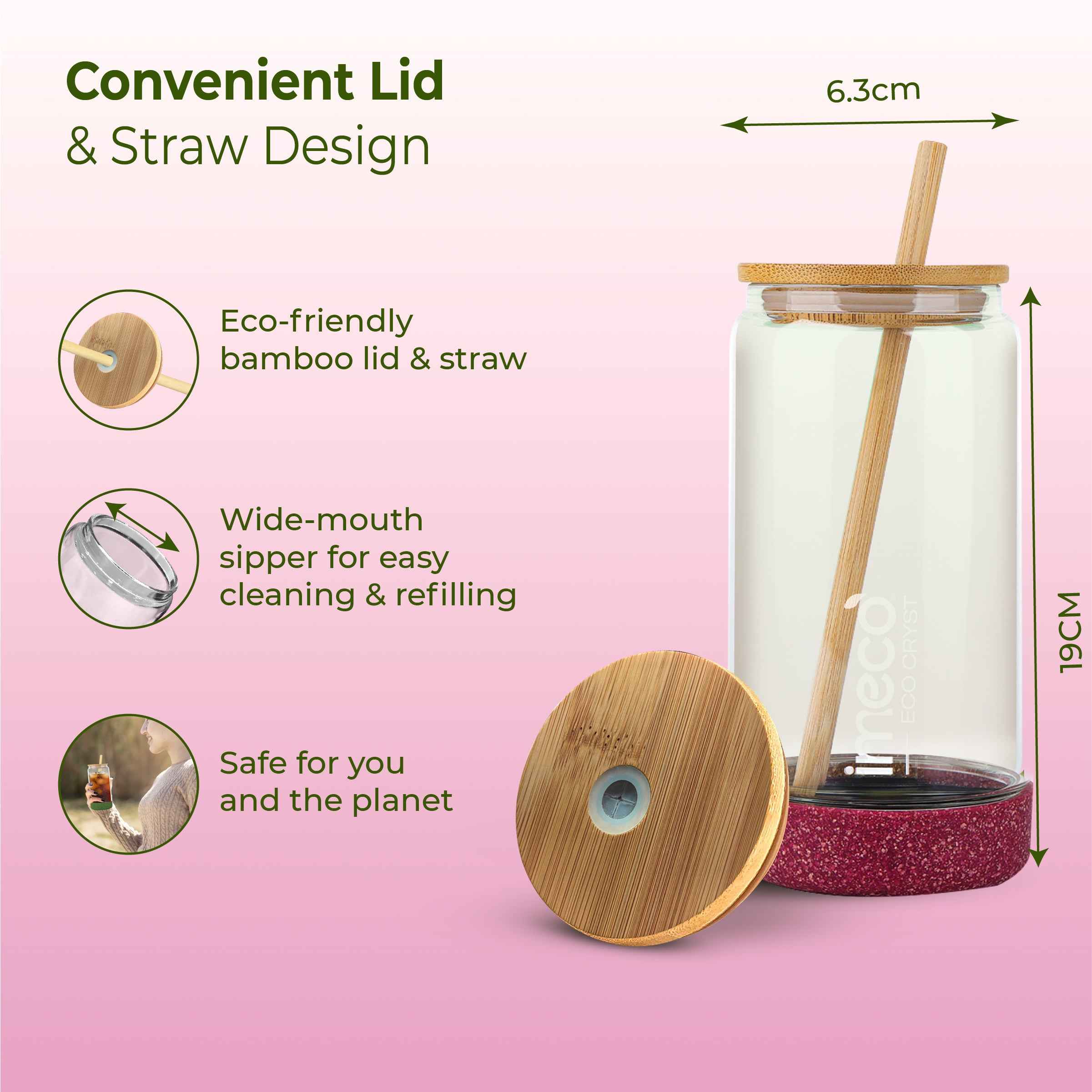 ECO CRYST Glass Sipper with Bamboo Lid & Straw (500 ml)