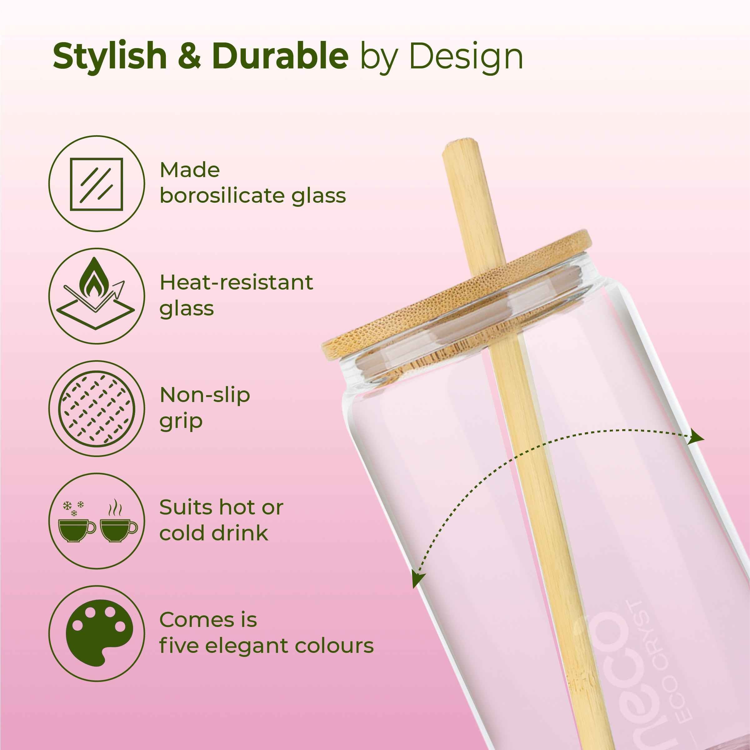 ECO CRYST Glass Sipper with Bamboo Lid & Straw (500 ml)