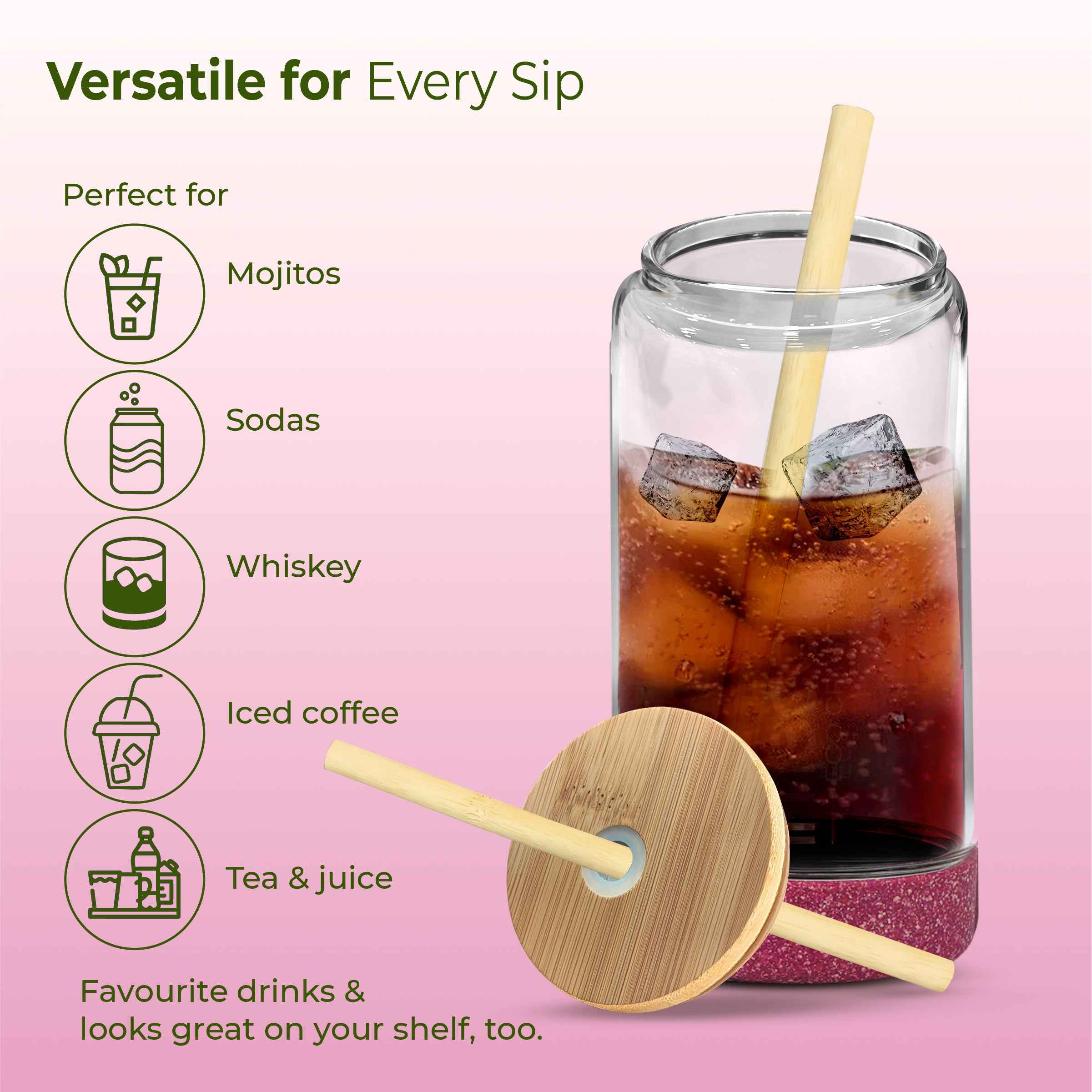 ECO CRYST Glass Sipper with Bamboo Lid & Straw (500 ml)