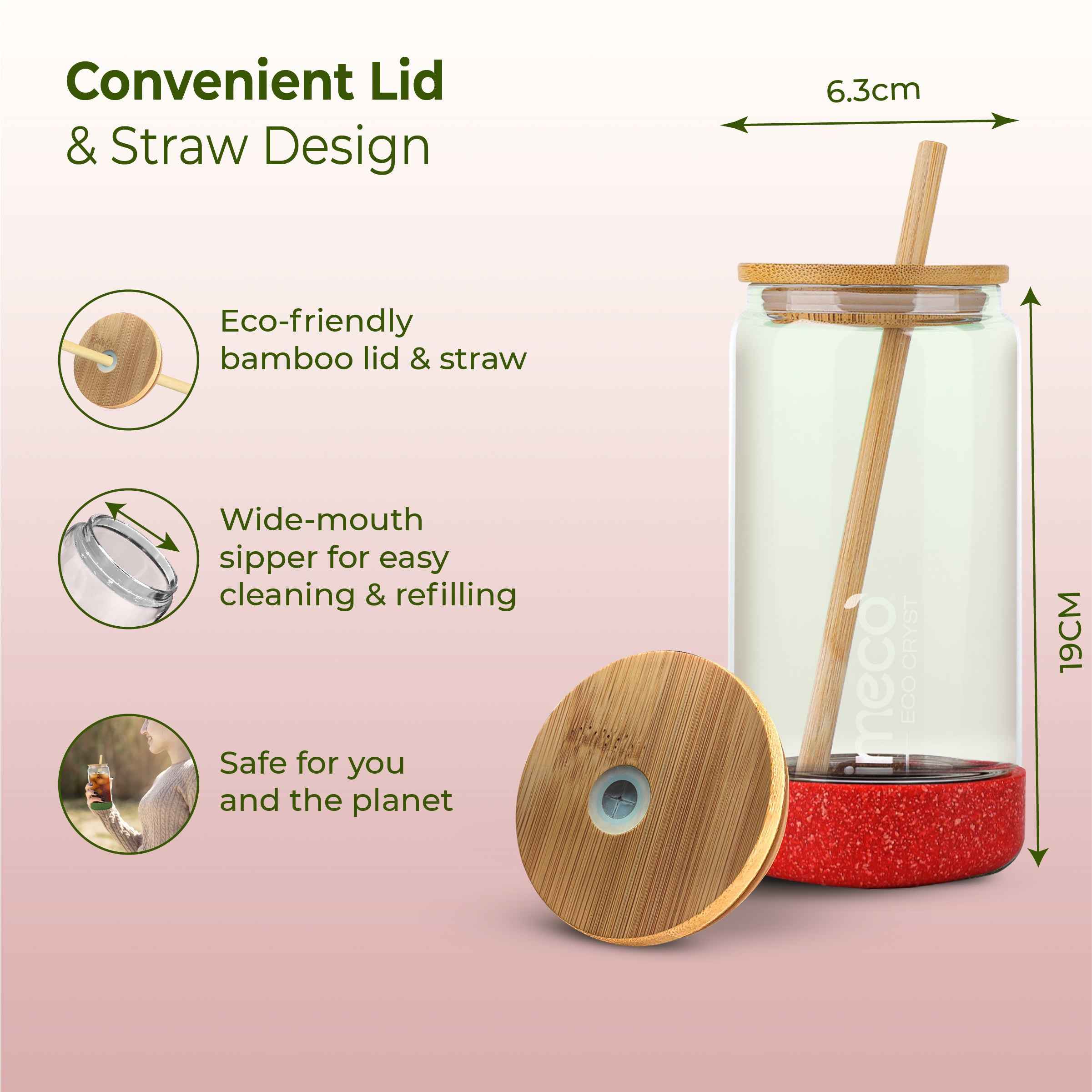 ECO CRYST Glass Sipper with Bamboo Lid & Straw (500 ml)