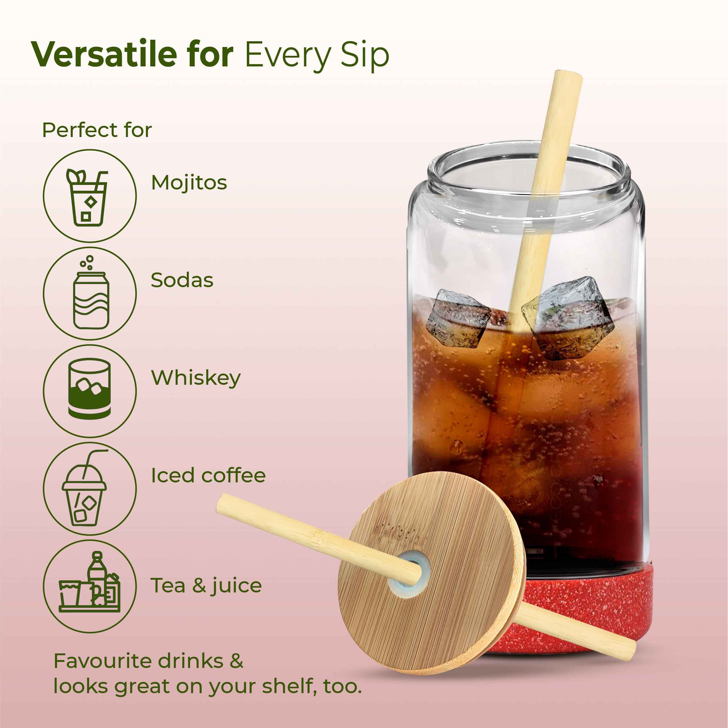ECO CRYST Glass Sipper with Bamboo Lid & Straw (500 ml)