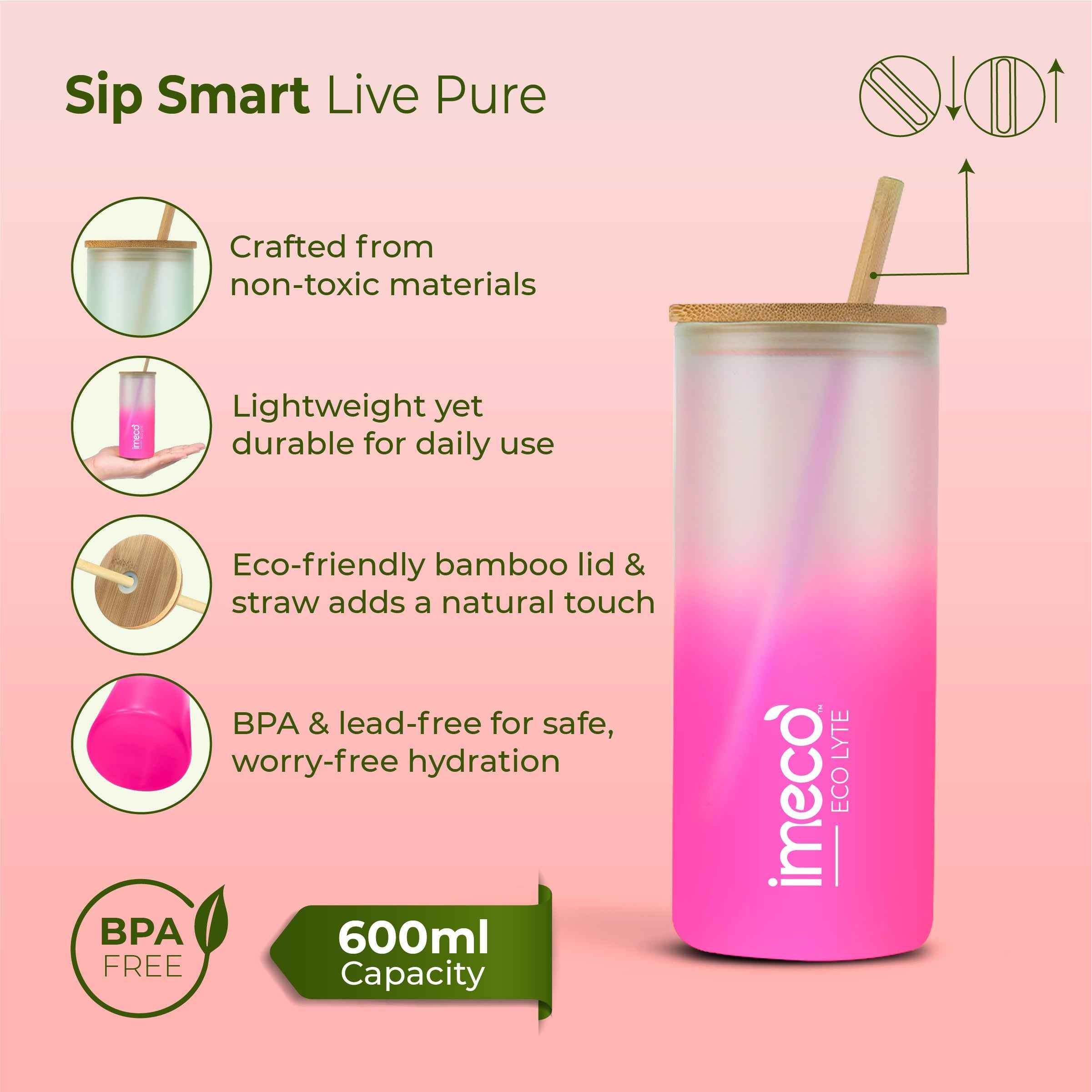 ECO LYTE Gradient Glass Sipper with Straw (600 ml) #color_pink