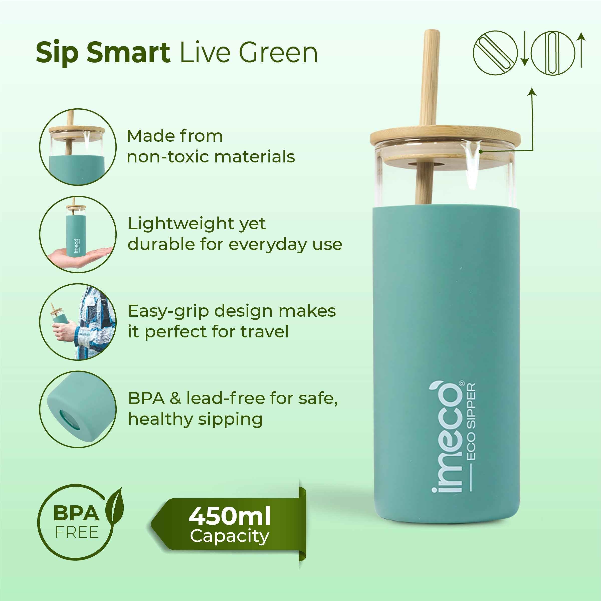 ECO SIPPER Glass Sipper with Bamboo Straw (450 ml) #color_sea-green