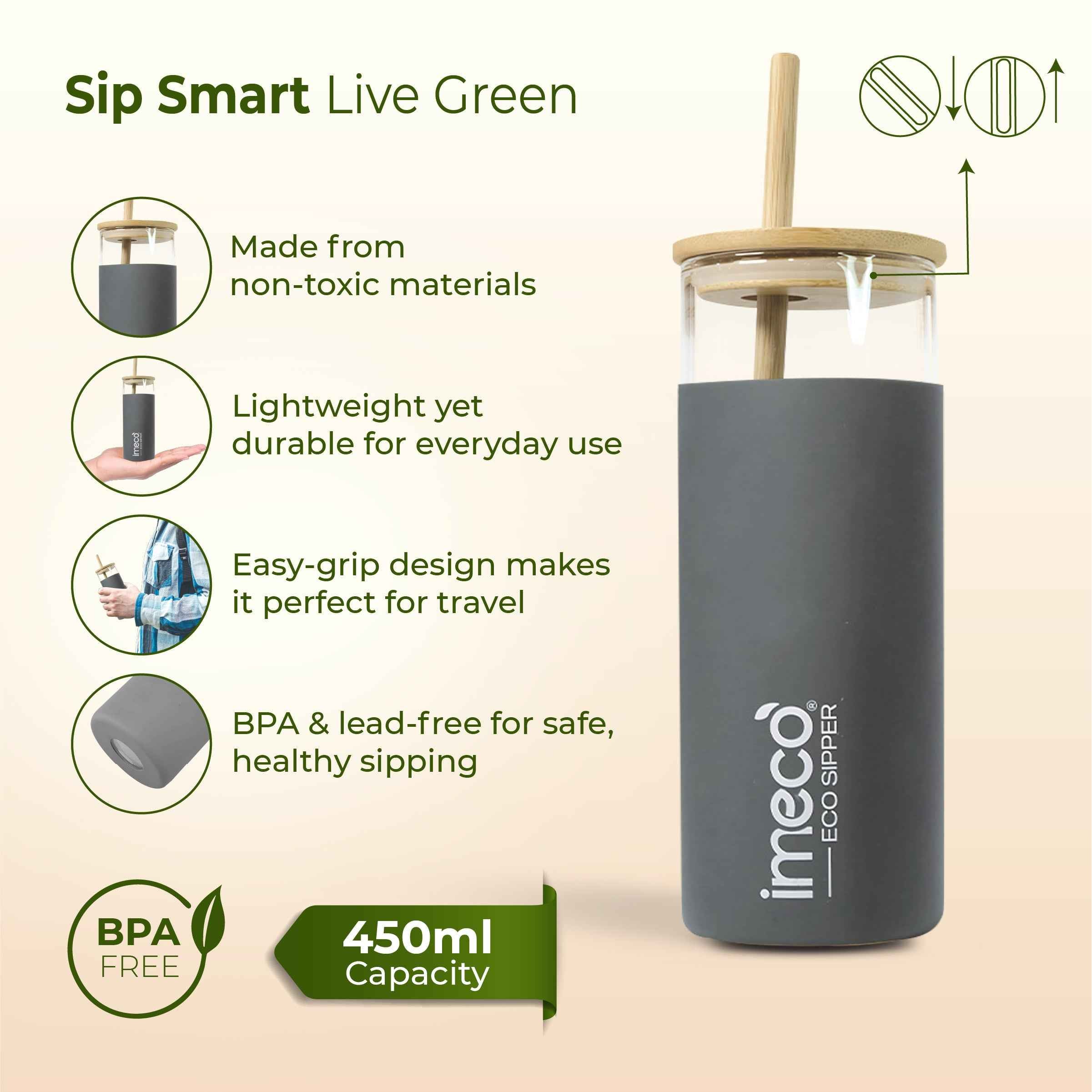 ECO SIPPER Glass Sipper with Bamboo Straw (450 ml)