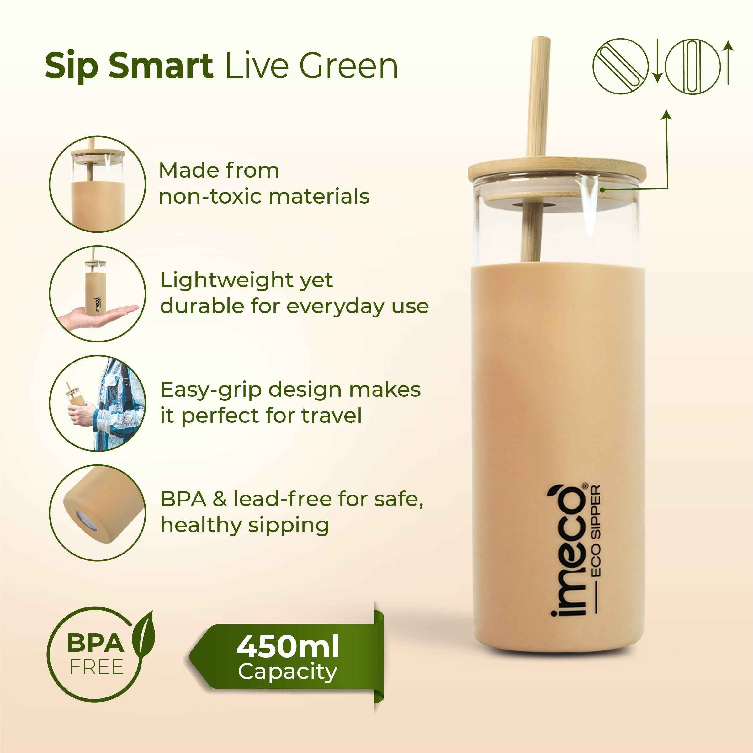 ECO SIPPER Glass Sipper with Bamboo Straw (450 ml)
