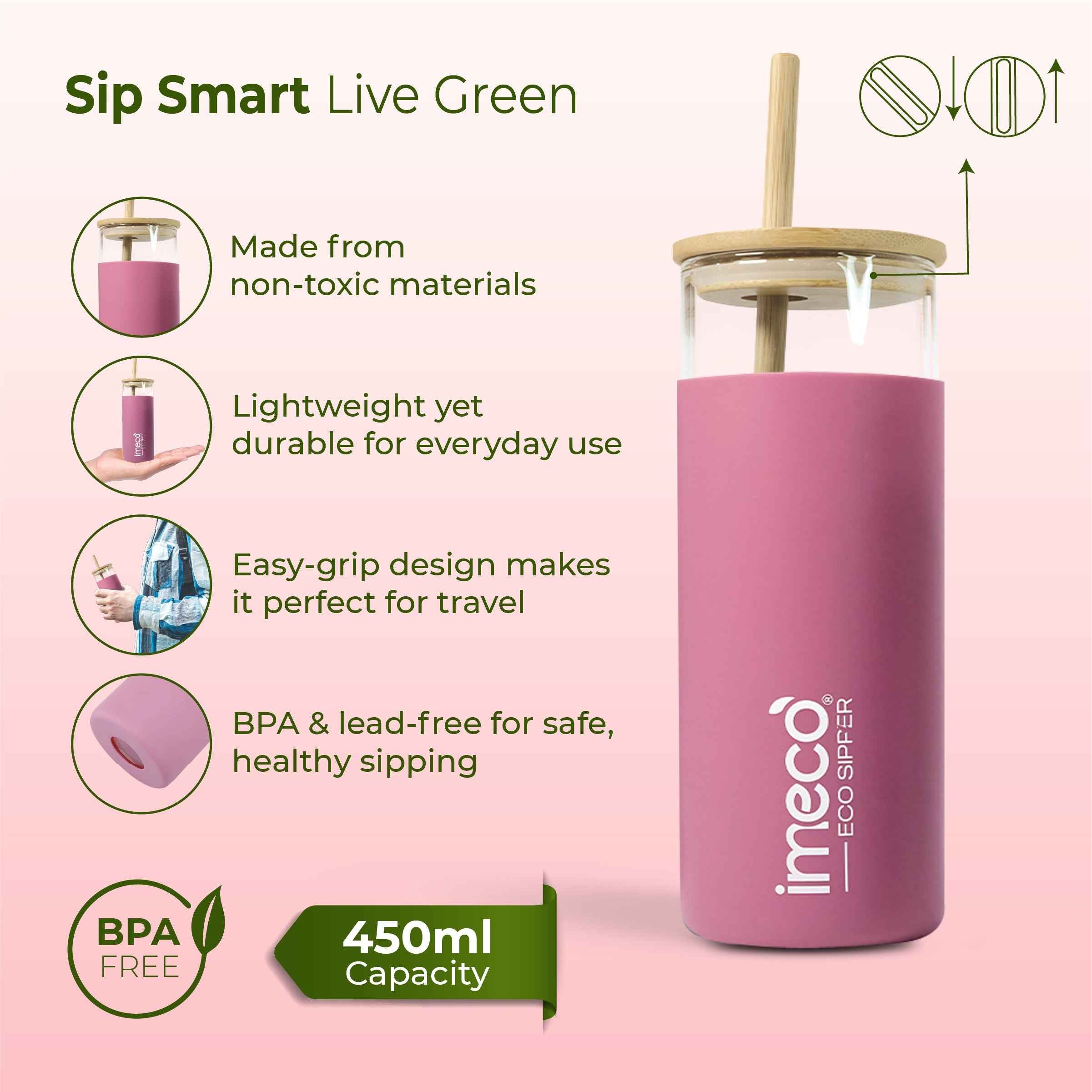 ECO SIPPER Glass Sipper with Bamboo Straw (450 ml)