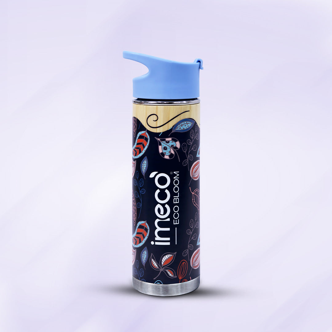 imeco eco bloom bamboo water bottle with a blue cap against white background