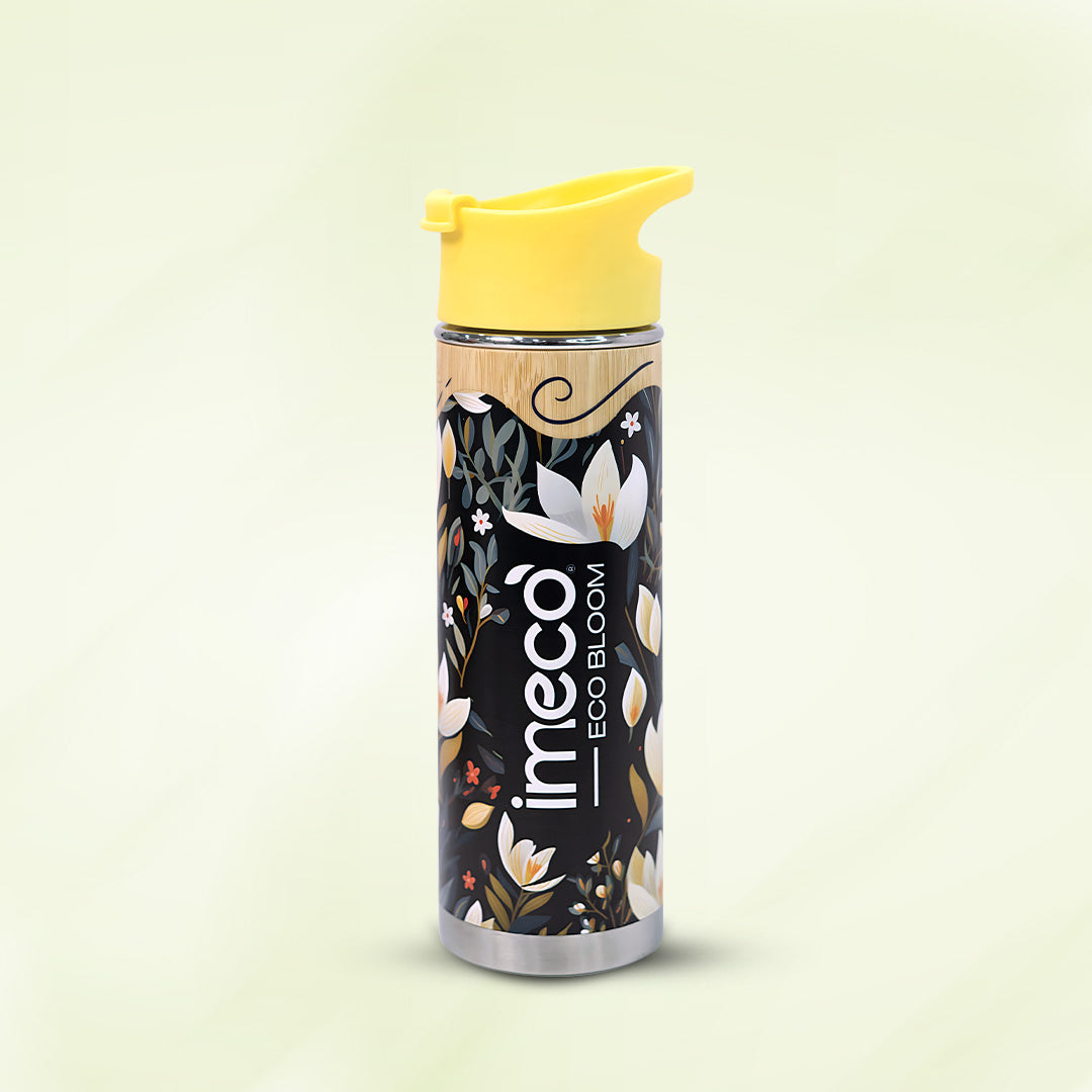 imeco eco bloom bamboo water bottle with a yellow cap against a white background