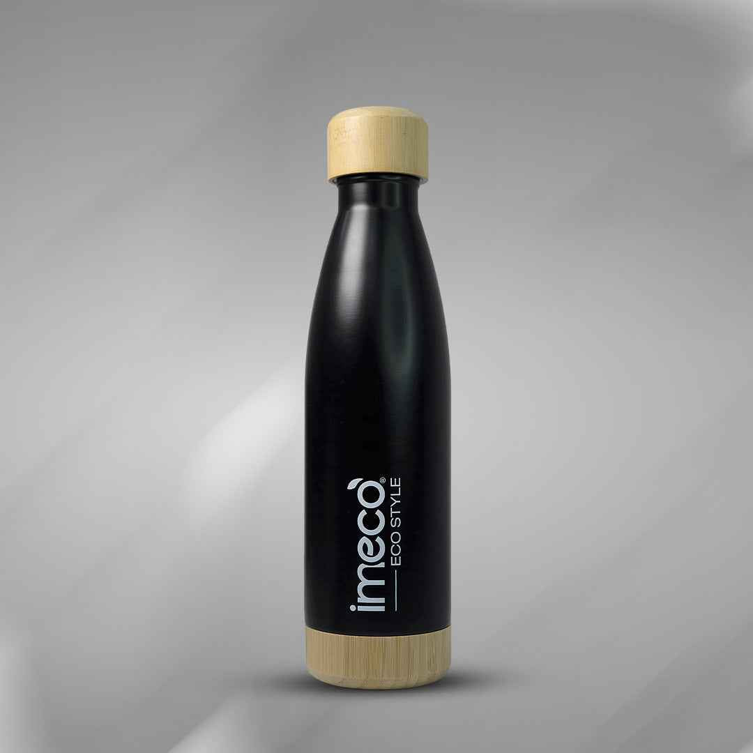 ECO STYLE Stainless Steel Water Bottle with Bamboo Base & Bamboo Lid - 500 ml (Black) - Imeco India