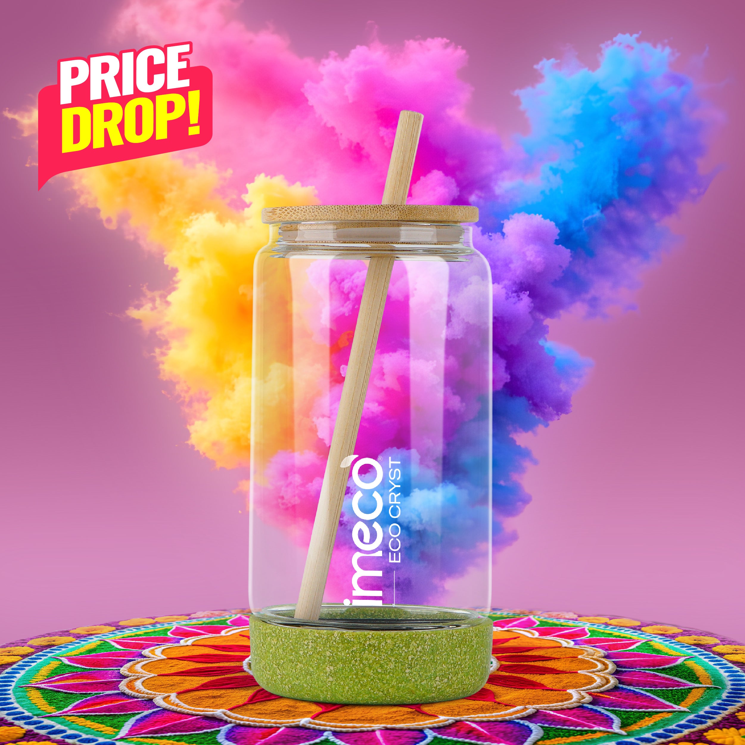 ECO CRYST Glass Sipper with Bamboo Lid & Straw (500 ml)