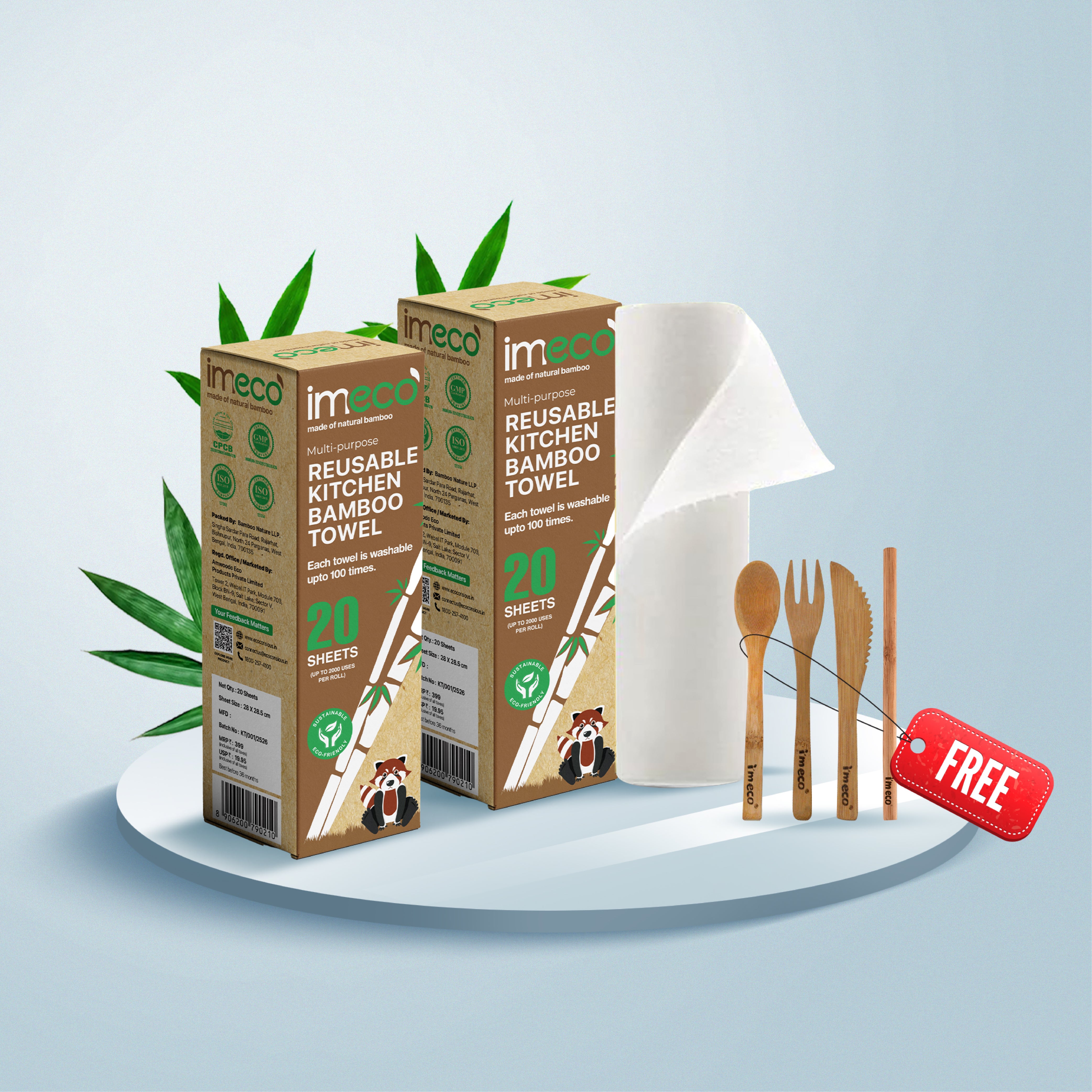 imeco reusable kitchen bamboo towel packaging with a freebie offer on a light blue background