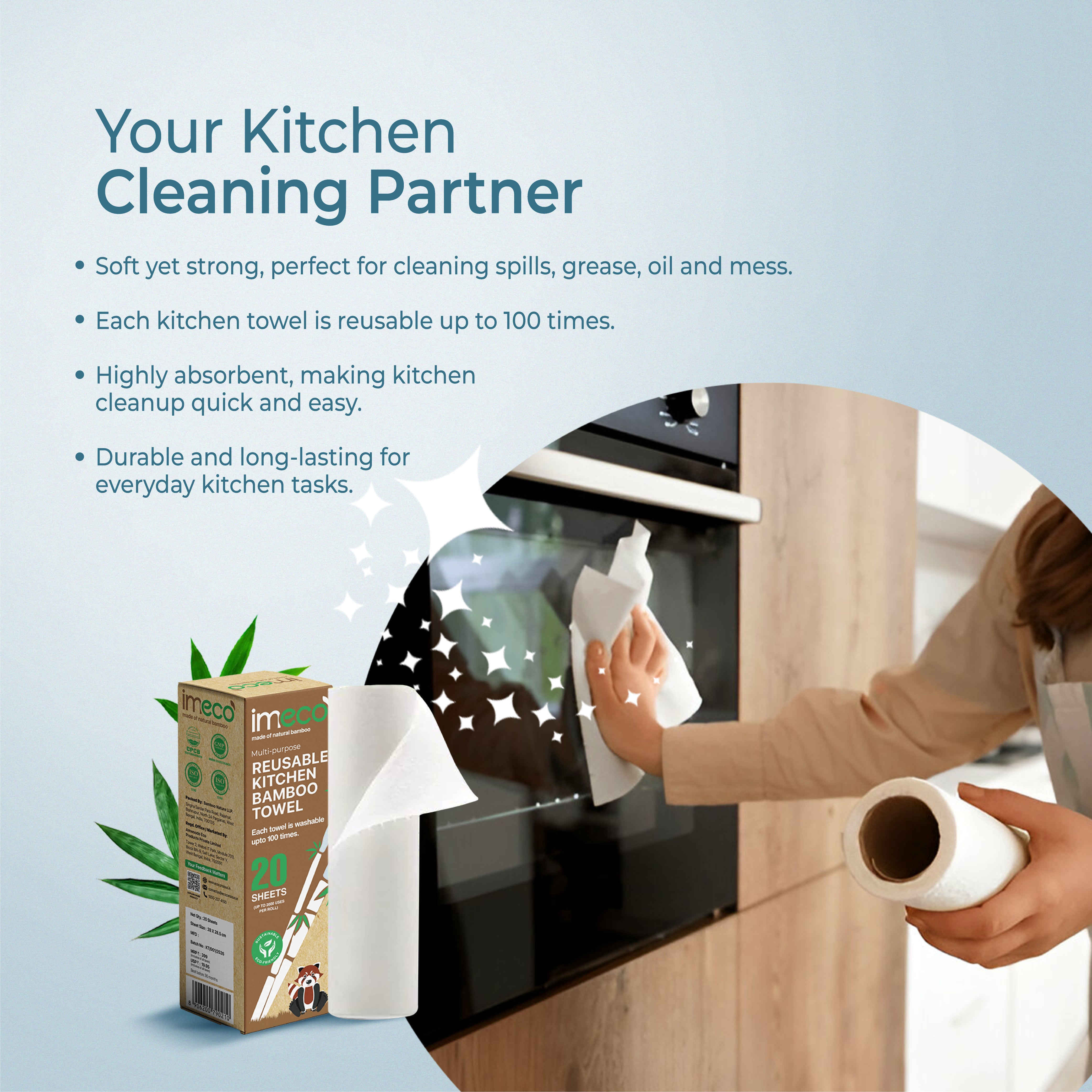 imeco reusable kitchen towel packaging with a person cleaning a stove, on a light blue background.