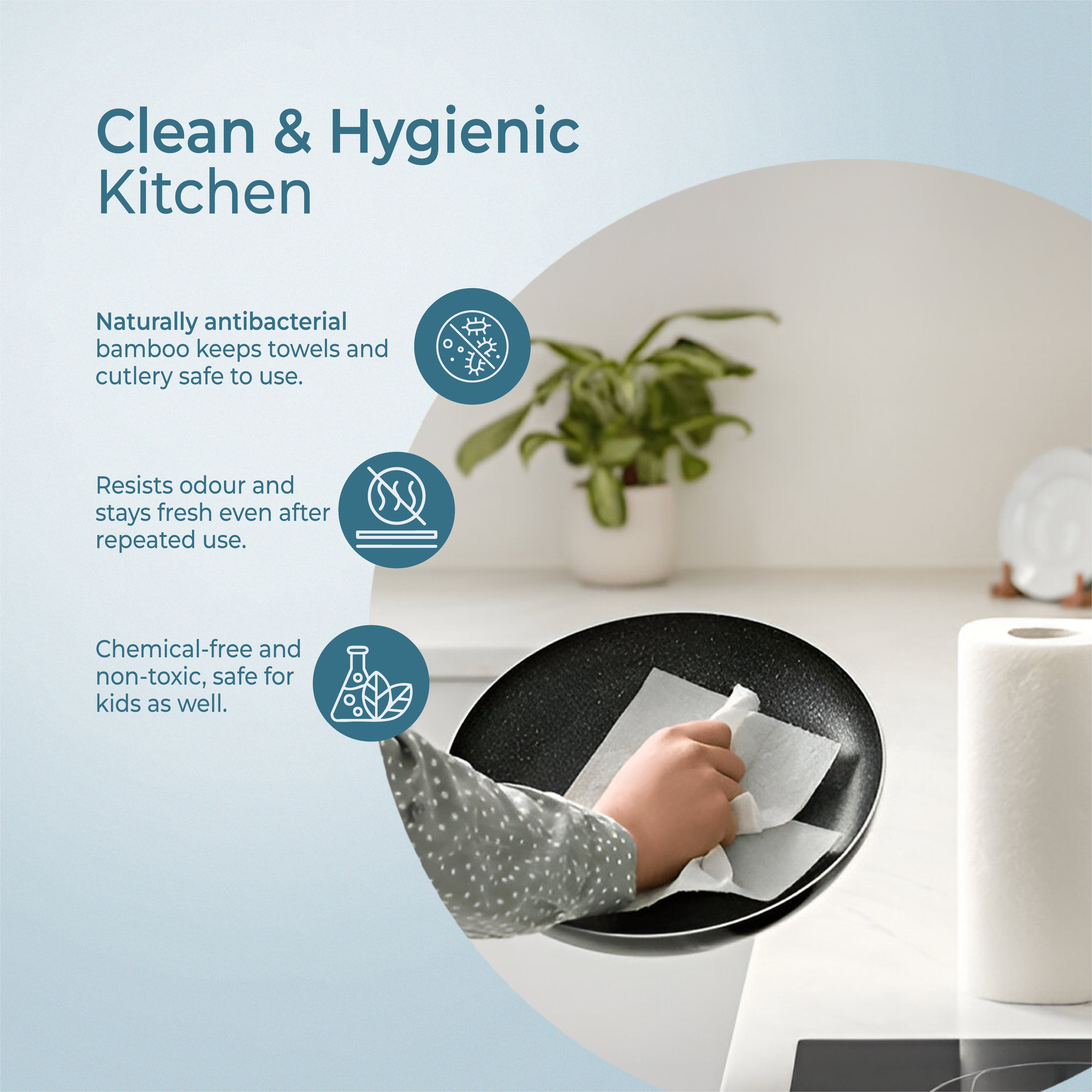 imeco bamboo kitchen towel with text on a kitchen counter, featuring a plant and a roll of paper towels.