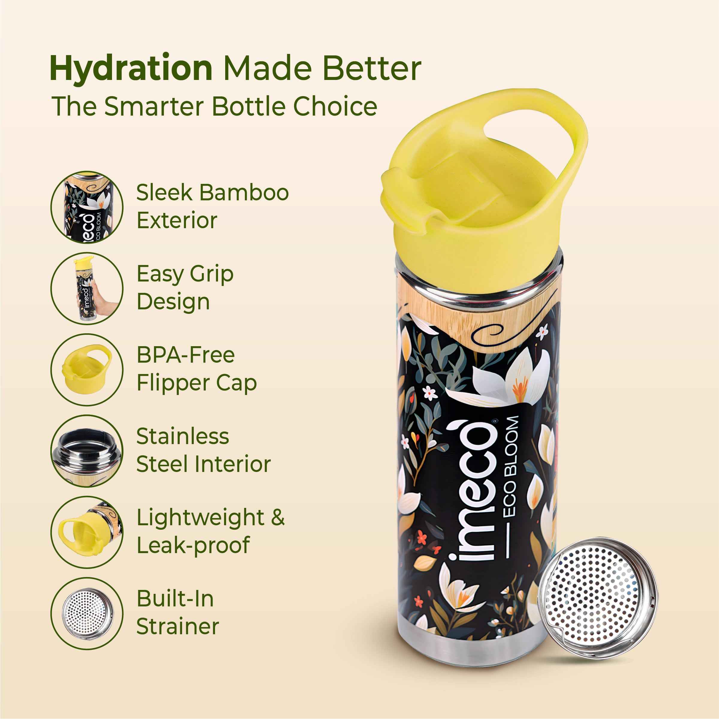 ECO-BLOOM Bamboo Printed Water Bottle (450 ml, Yellow)