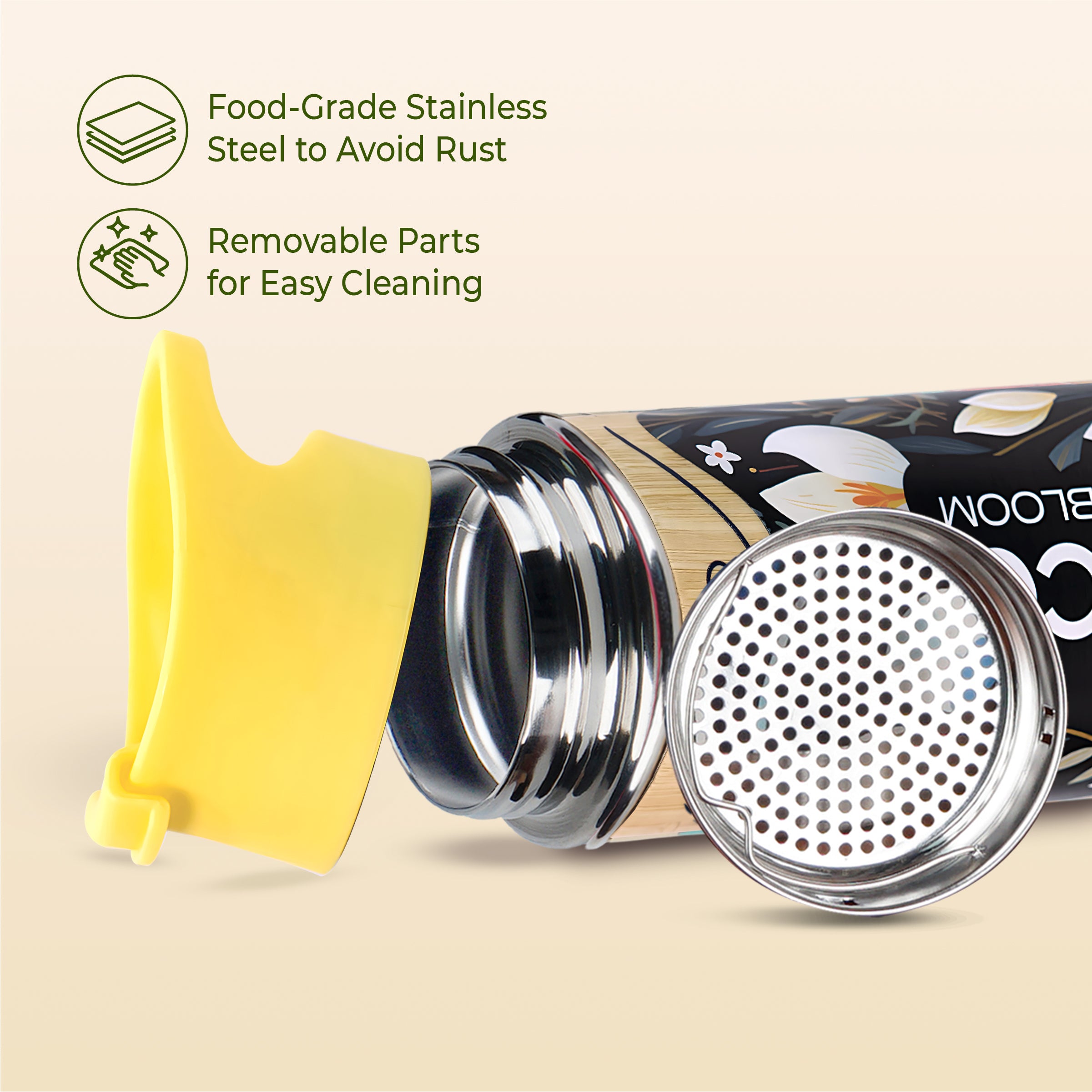 imeco imeco bamboo water bottle with yellow cap with a strainer against a light background with features mentioned